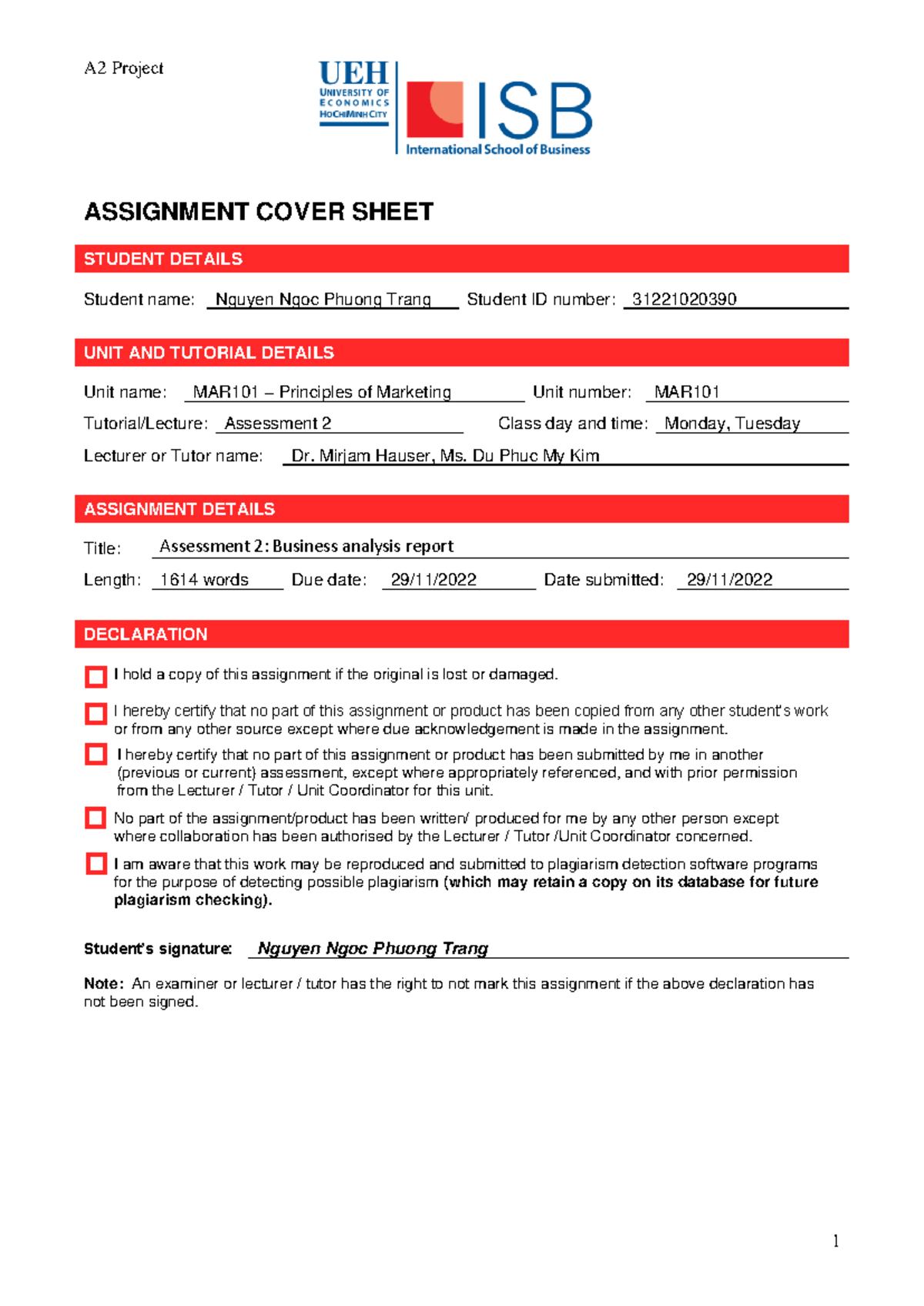 PMK5 A2 Jane from UEH - ASSIGNMENT COVER SHEET STUDENT DETAILS Student ...