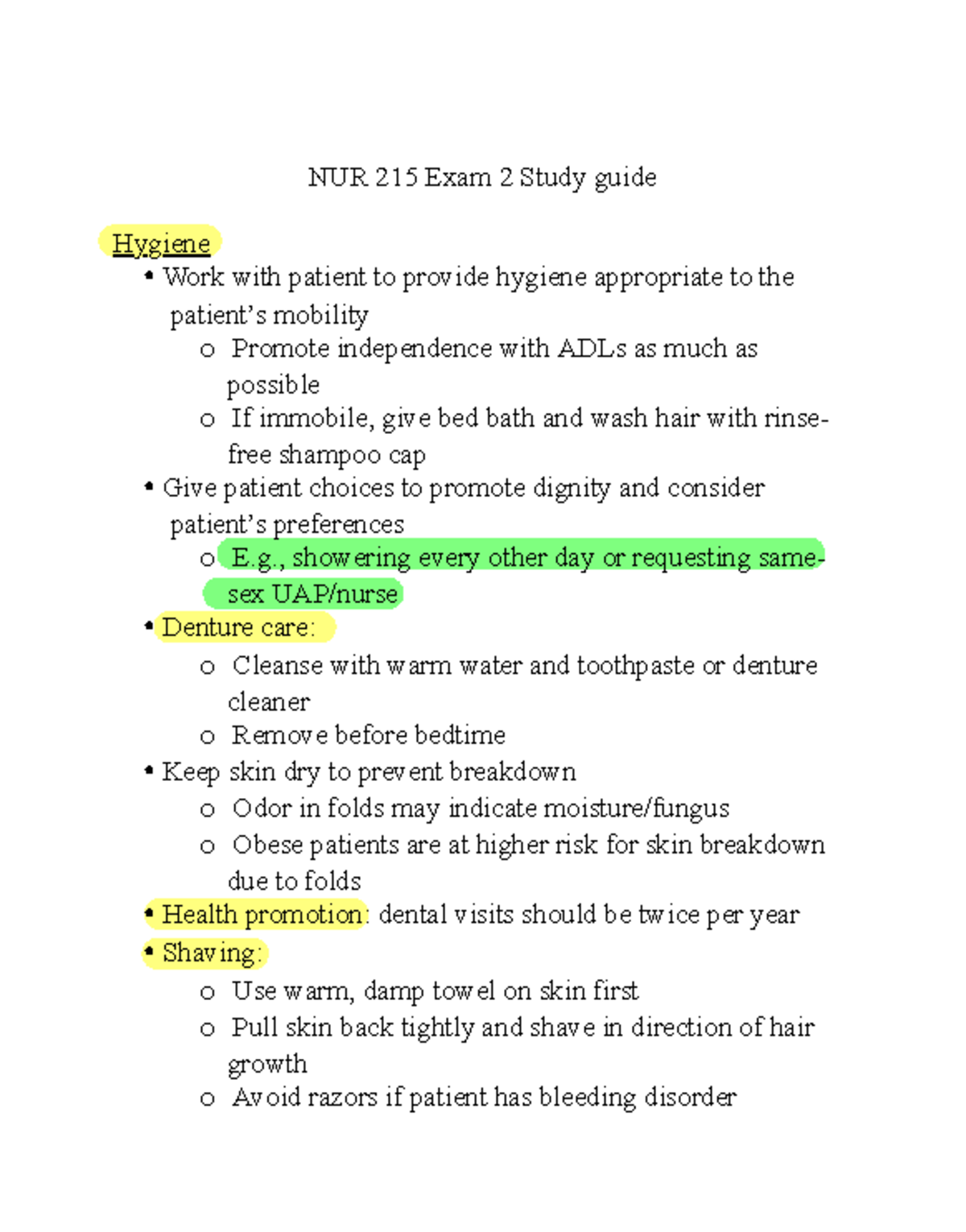 NUR 215 Exam 2 Study Guide: Hygiene and Mobility Best Practices - Studocu