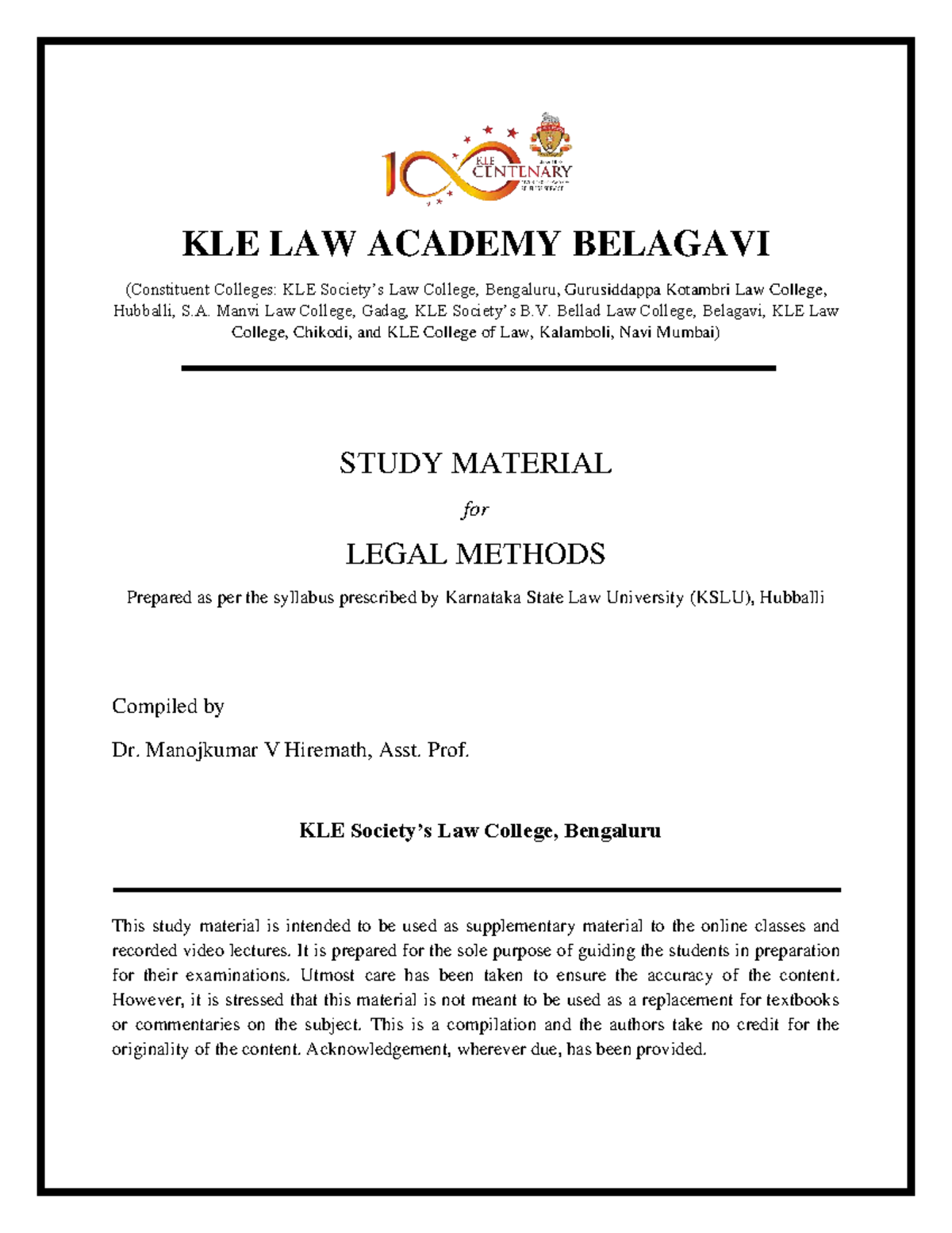 KLE LAW ACADEMY BELAGAVI: Study Material for Legal Methods (KSLU) - Studocu