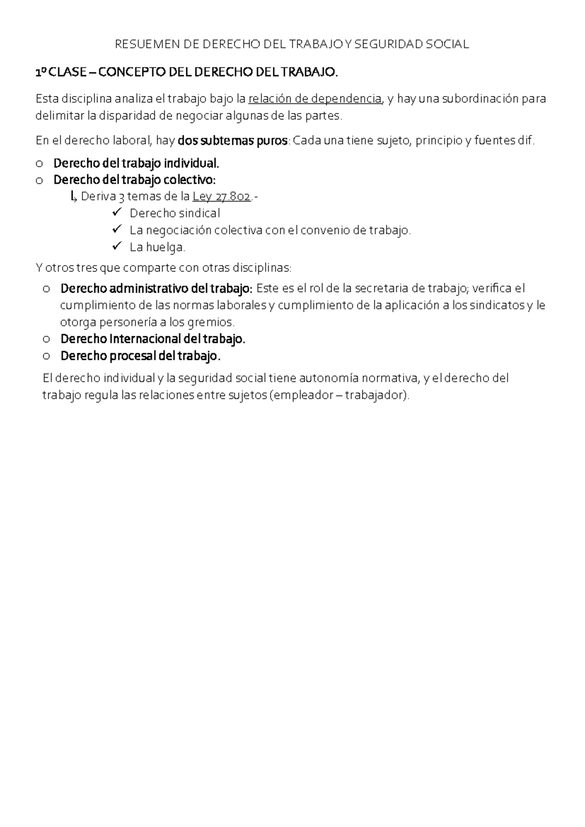 Resumen de Derecho del Trabajo y Seguridad Social - 1ª Clase - Studocu
