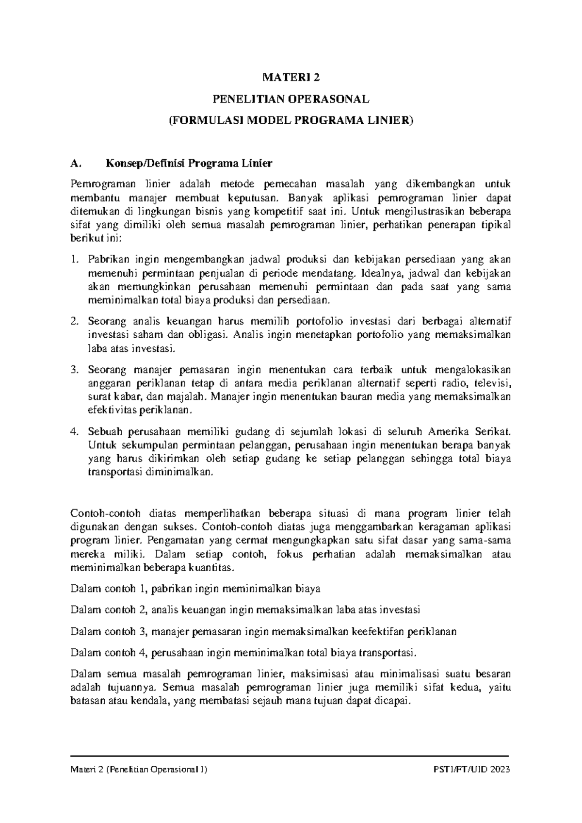 Materi 2: Formulasi Model Program Linier dalam Penelitian Operasional I ...