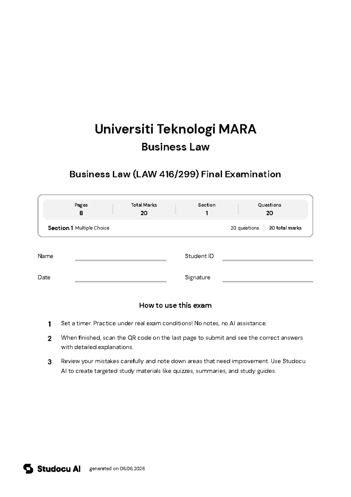 Business Law (LAW 416/299) Final Exam - Studocu