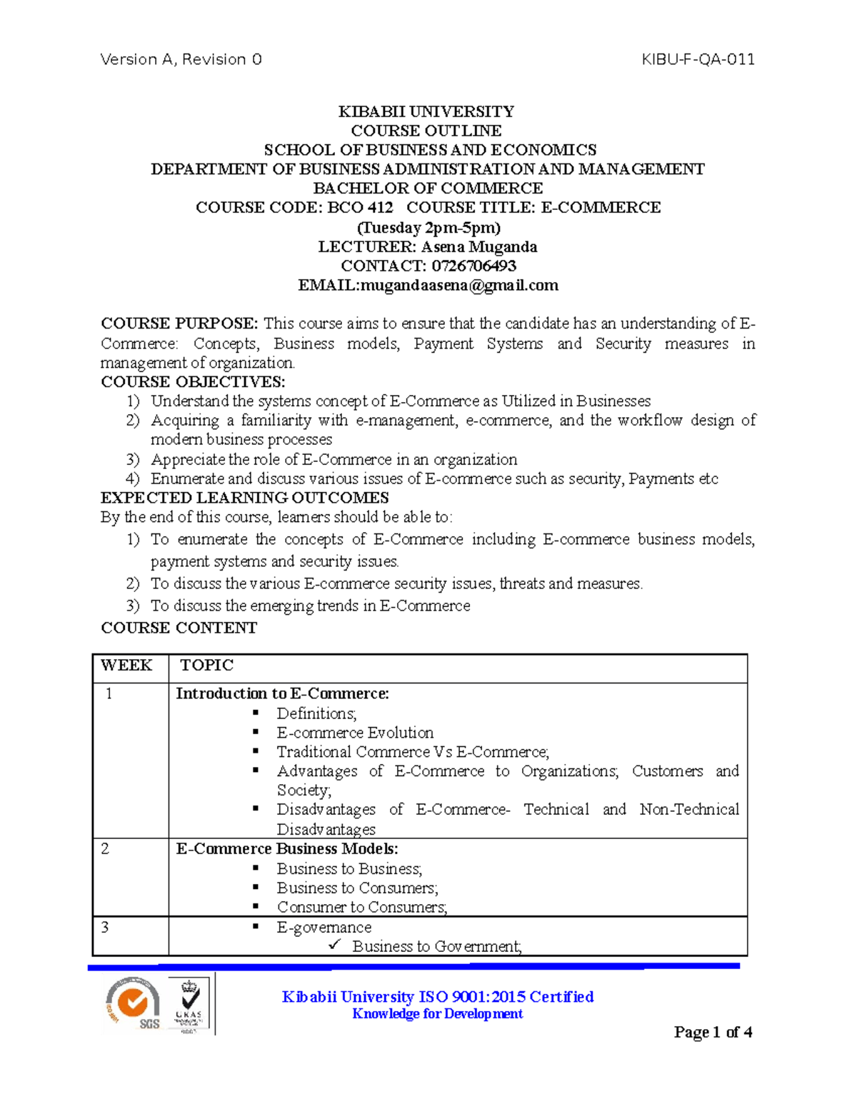 BCO 412 E-Commerce Course Outline and Learning Objectives - Studocu