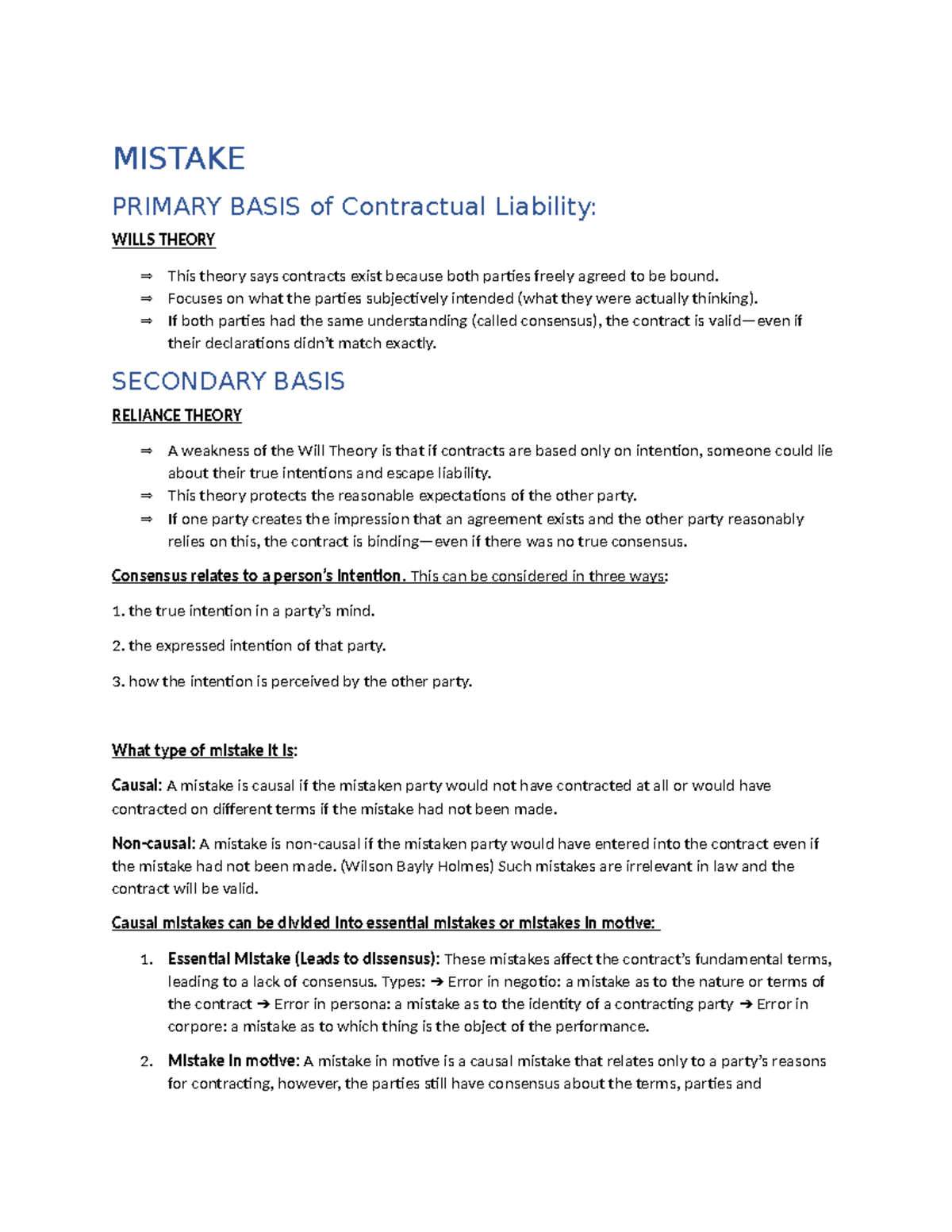 MISTAKE IN CONTRACTUAL LIABILITY: WILLS & RELIANCE THEORIES - Studocu