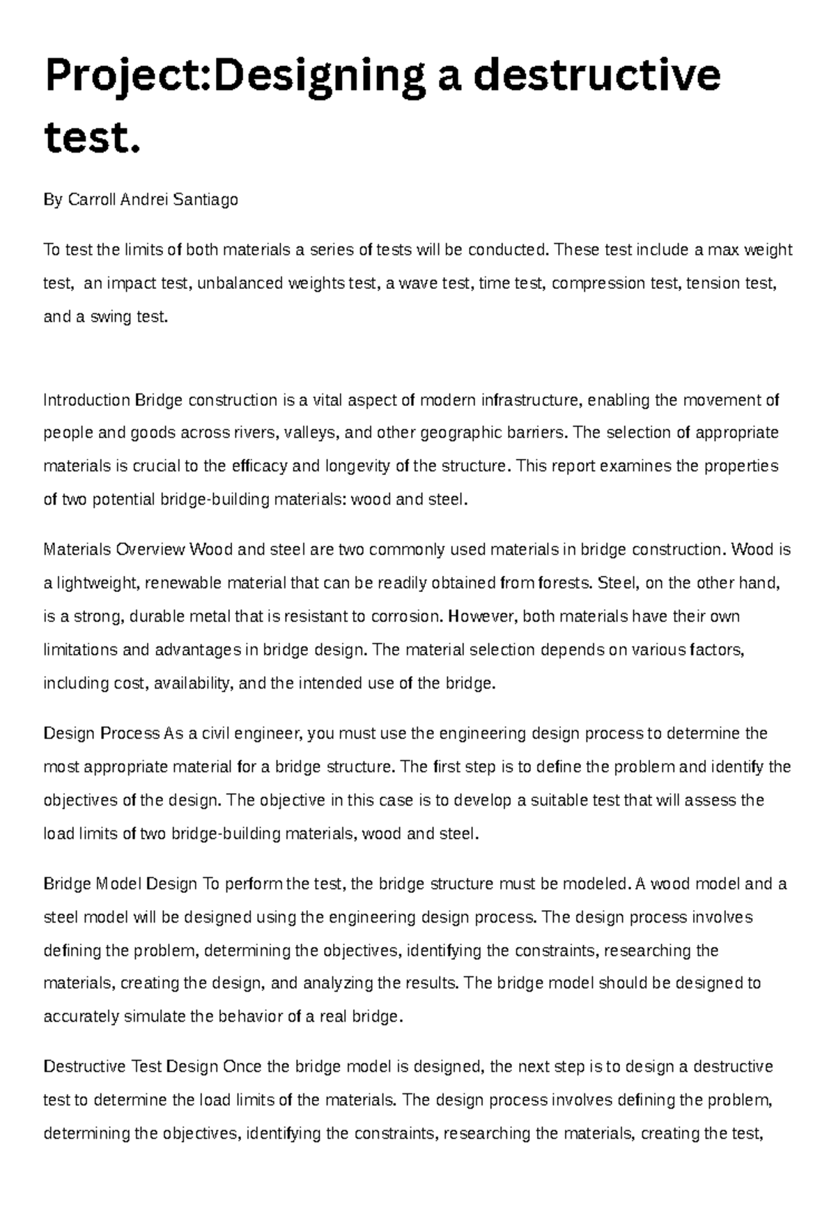Project: Designing a Destructive Test for Bridge Materials Evaluation ...