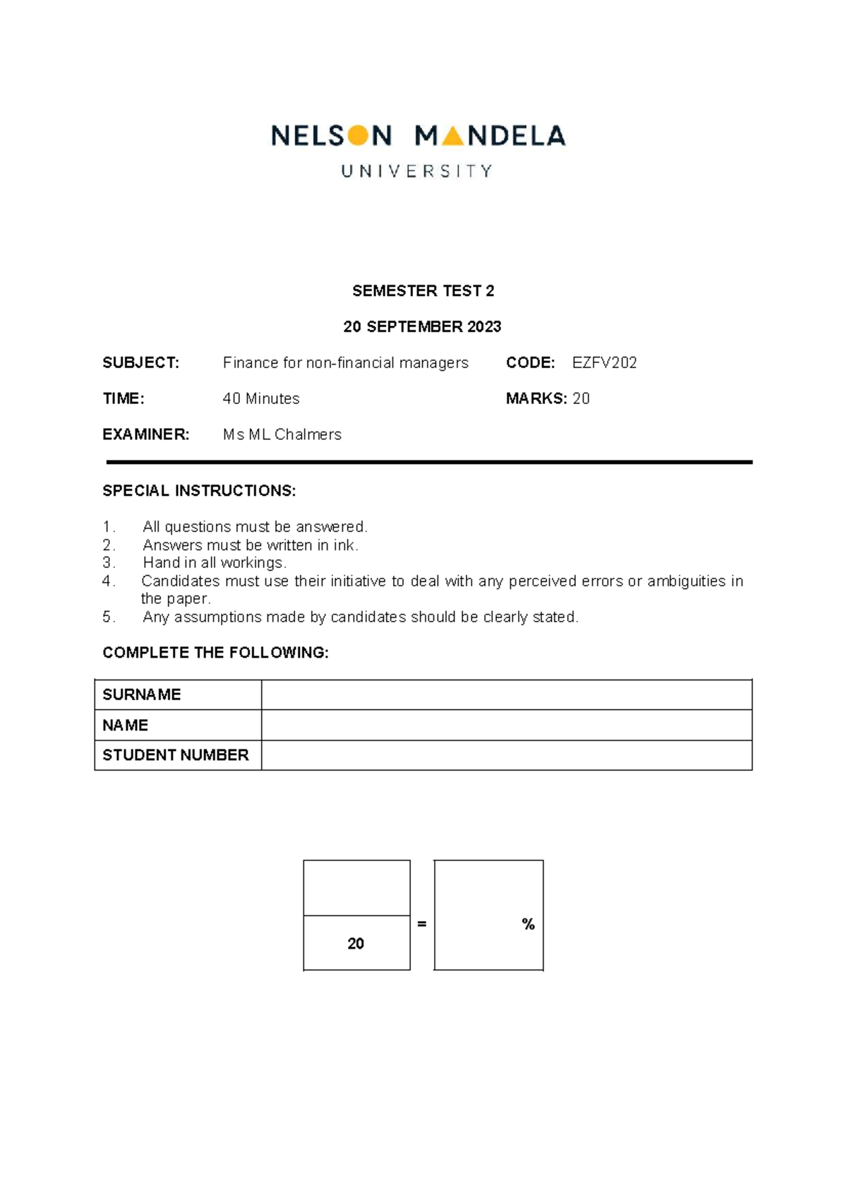 Finance for Managers EZFV202 Semester Test 2 - 20 Sept 2023 - Studocu