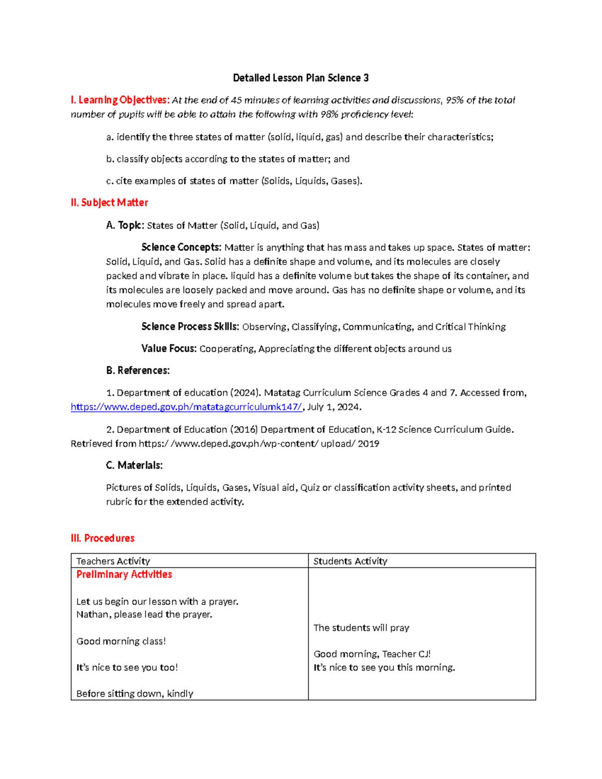 Lesson Plan: Understanding the 3 States of Matter - Science 3 - Studocu