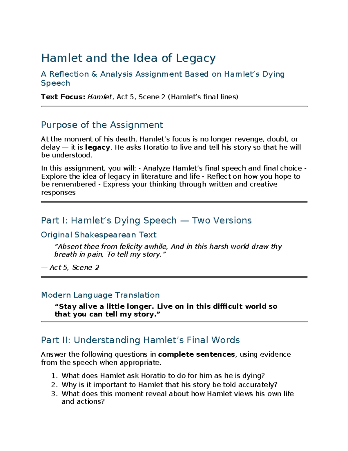 Hamlet (ENG 101): Legacy Reflection Analysis Assignment - Studocu