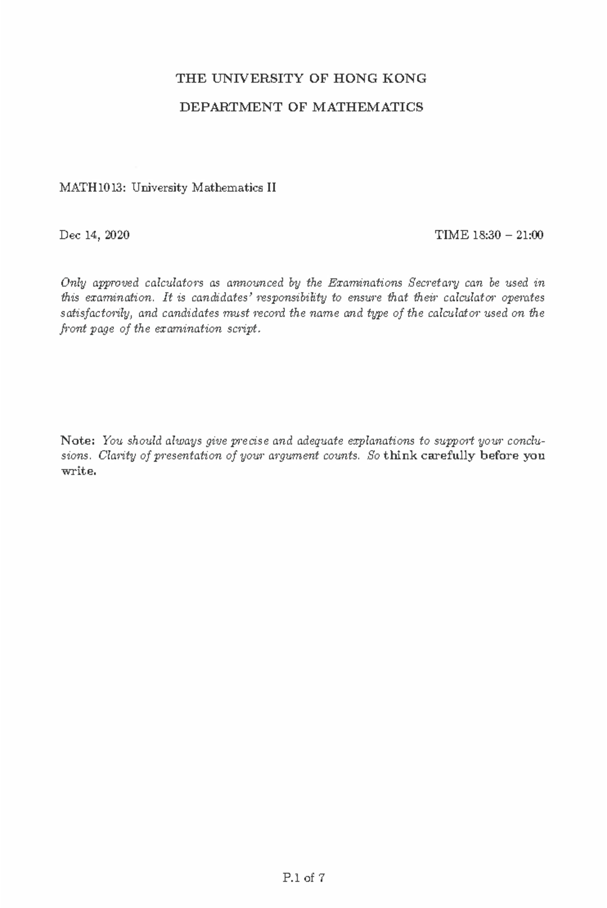 MATH1013: University Mathematics II Final Exam Guidelines & Sample ...