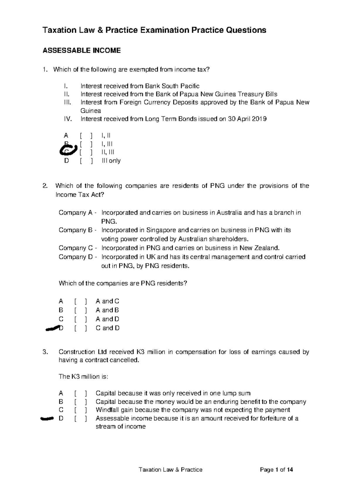Taxation Law Practice Exam Questions: Assessable Income & Deductions ...
