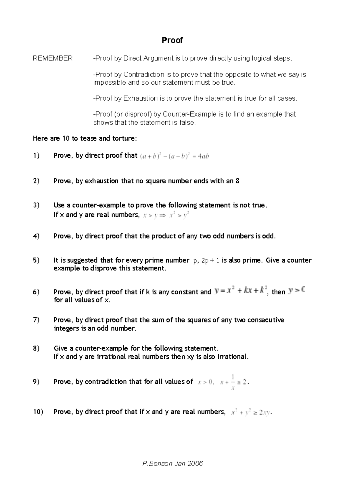 Proof Questions: Direct, Contradiction, and Exhaustion Methods - Studocu