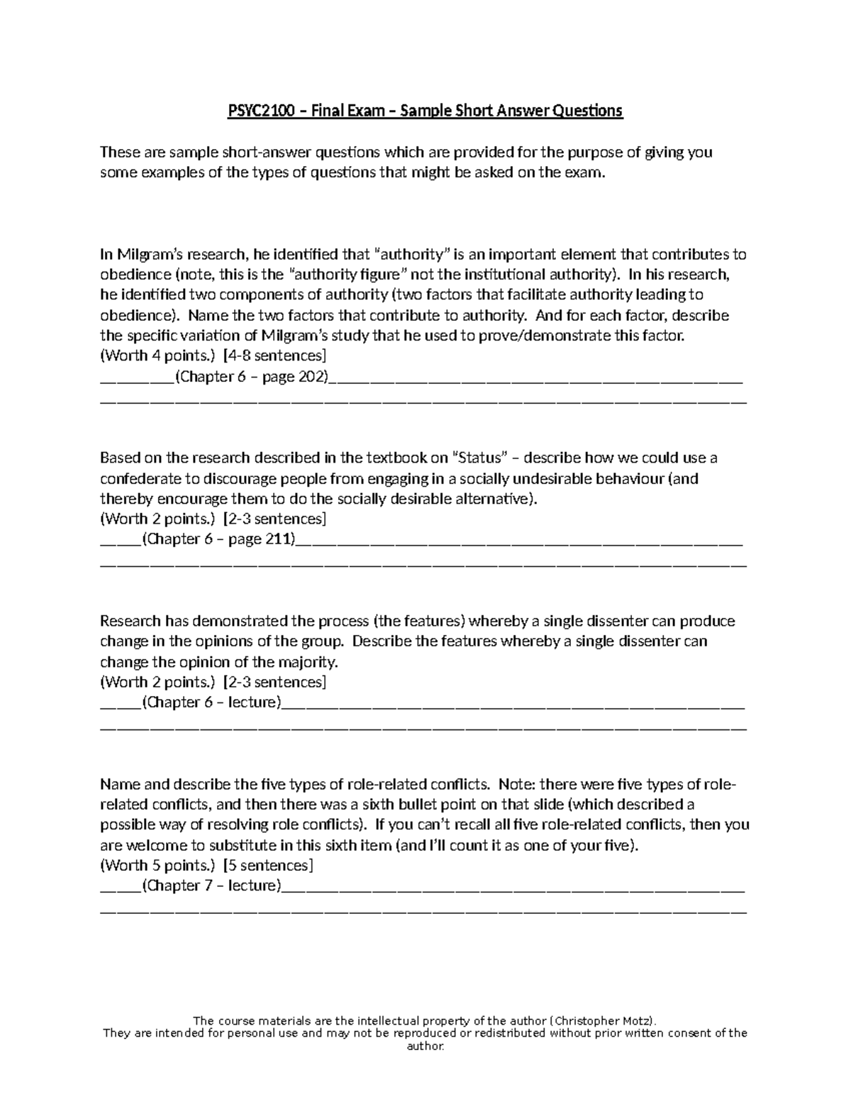 PSYC2100 – Final Exam – Sample Short Answer Questions Guide - Studocu