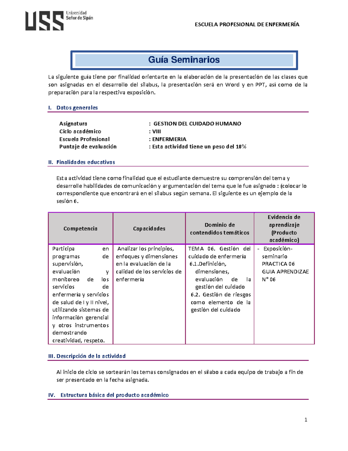 Guía de Seminarios 2026 I - Gestión del Cuidado Humano en Enfermería ...