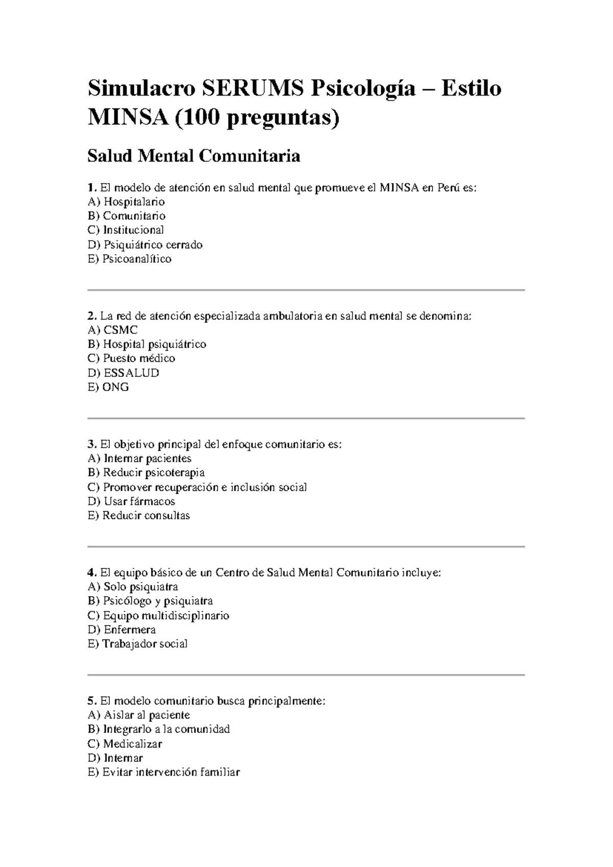 Simulacro SERUMS Psicología 2026: Preguntas y Respuestas - Document Preview