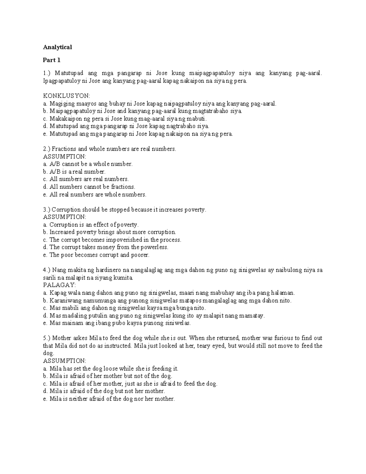 Analytical Assumptions and Conclusions for CSC Purposes - Studocu