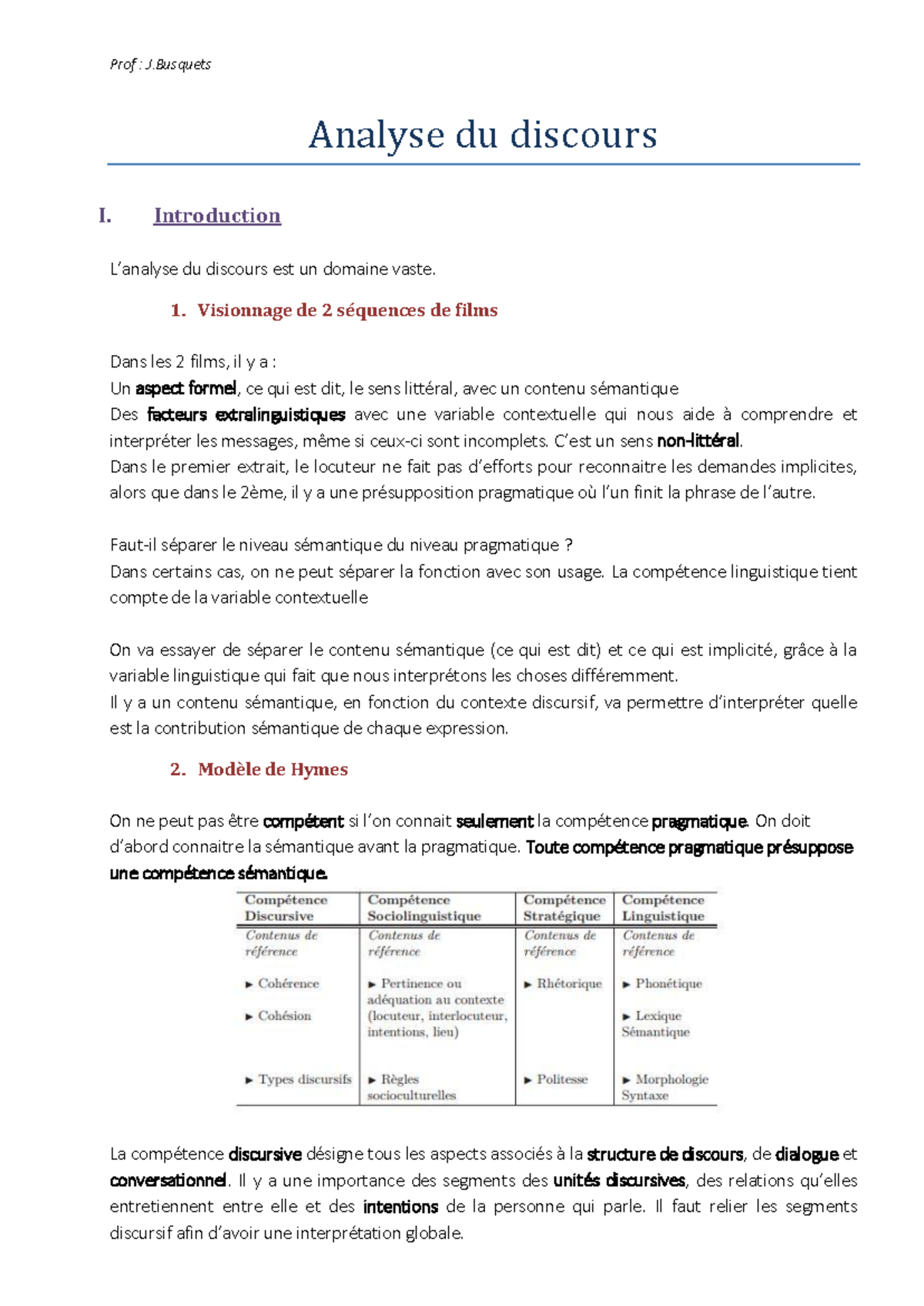 Analyse du discours - Prof : J Analyse du discours I. Introduction L ...
