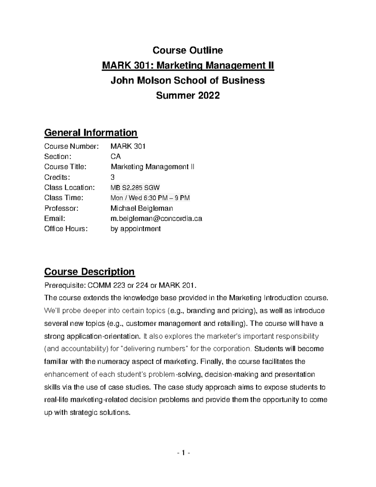 MARK301 - Outline for Marketing Management II Course (Summer 2022 ...