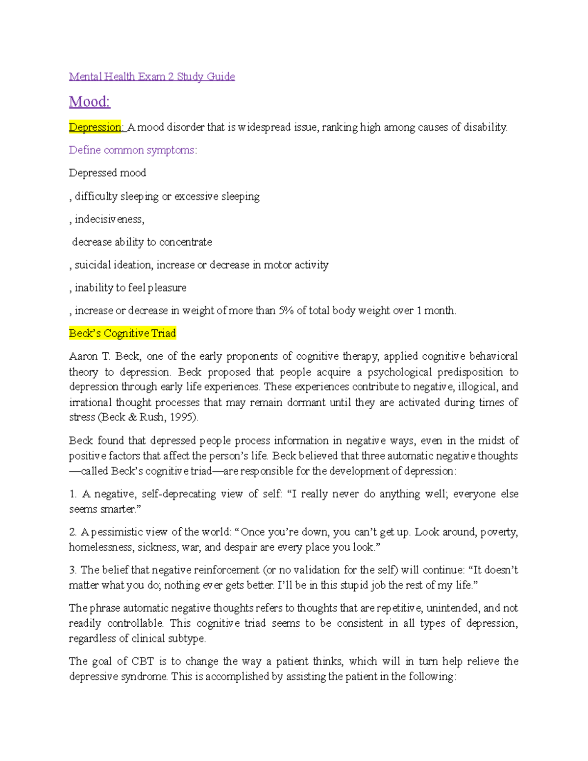 Mental Health Exam 2 Study Guide (Depression, Anxiety, Schizophrenia ...