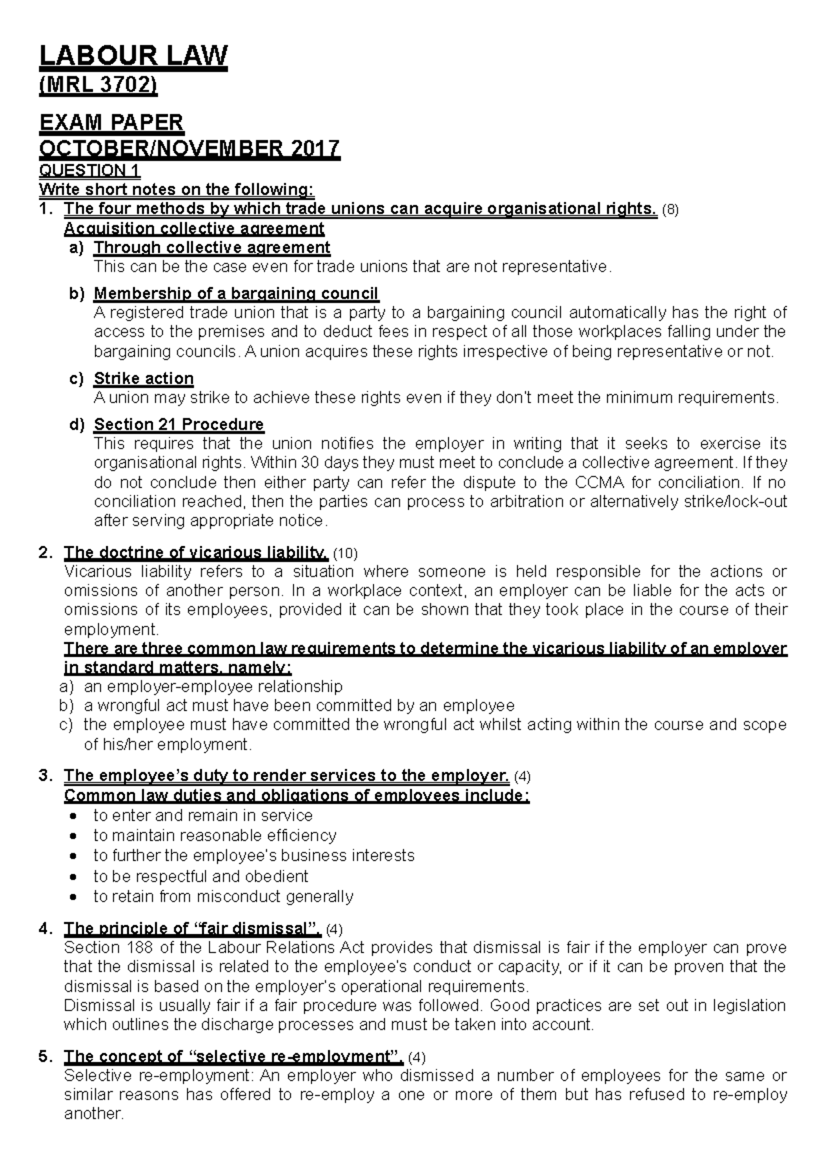 LABOUR LAW (MRL 3702) FINAL EXAM NOTES 2025 - Studocu