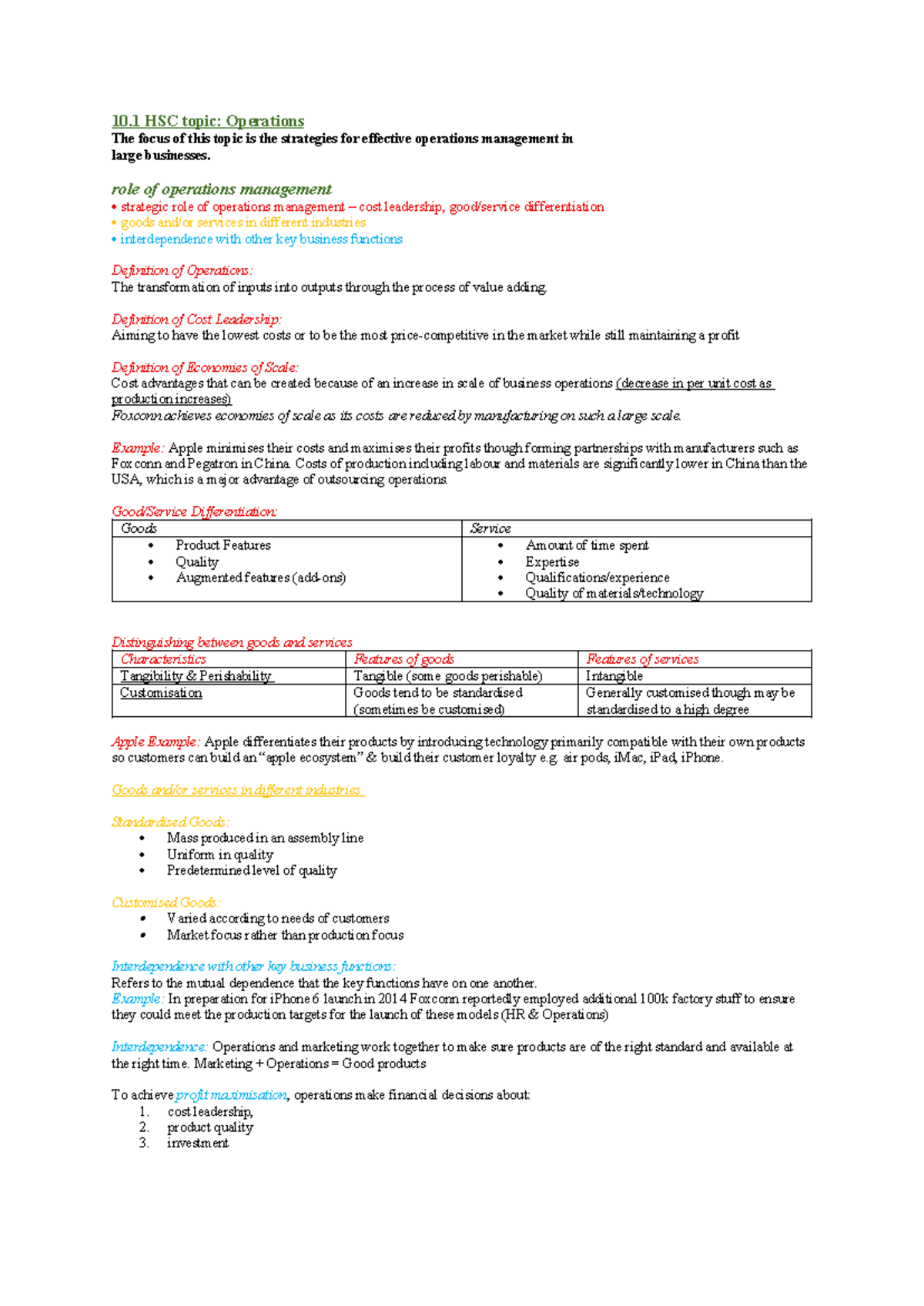 HSC Business Studies: Operations Management Strategies Notes - Studocu