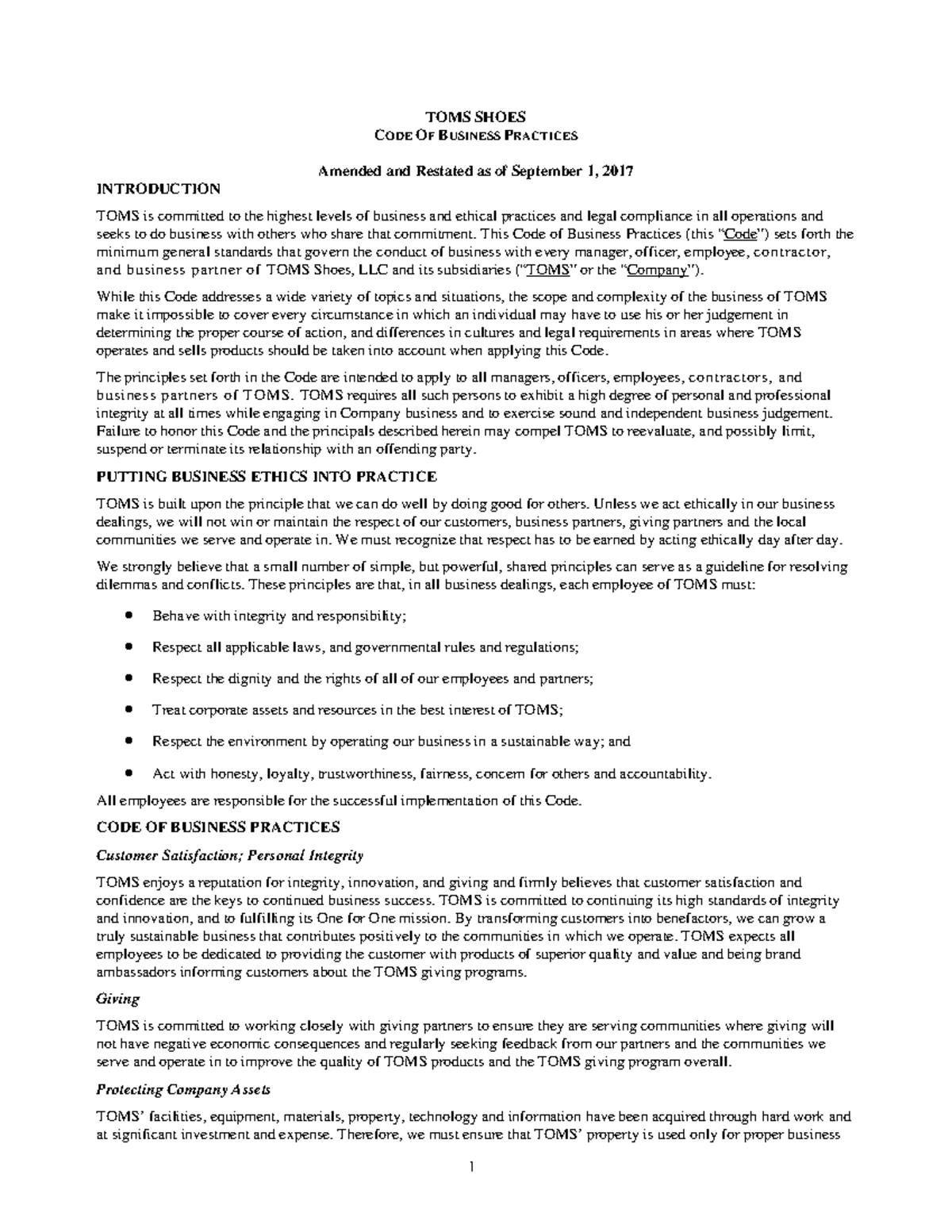 TOMS Code of Business Practices Overview - Effective Sept 2017 - Studocu
