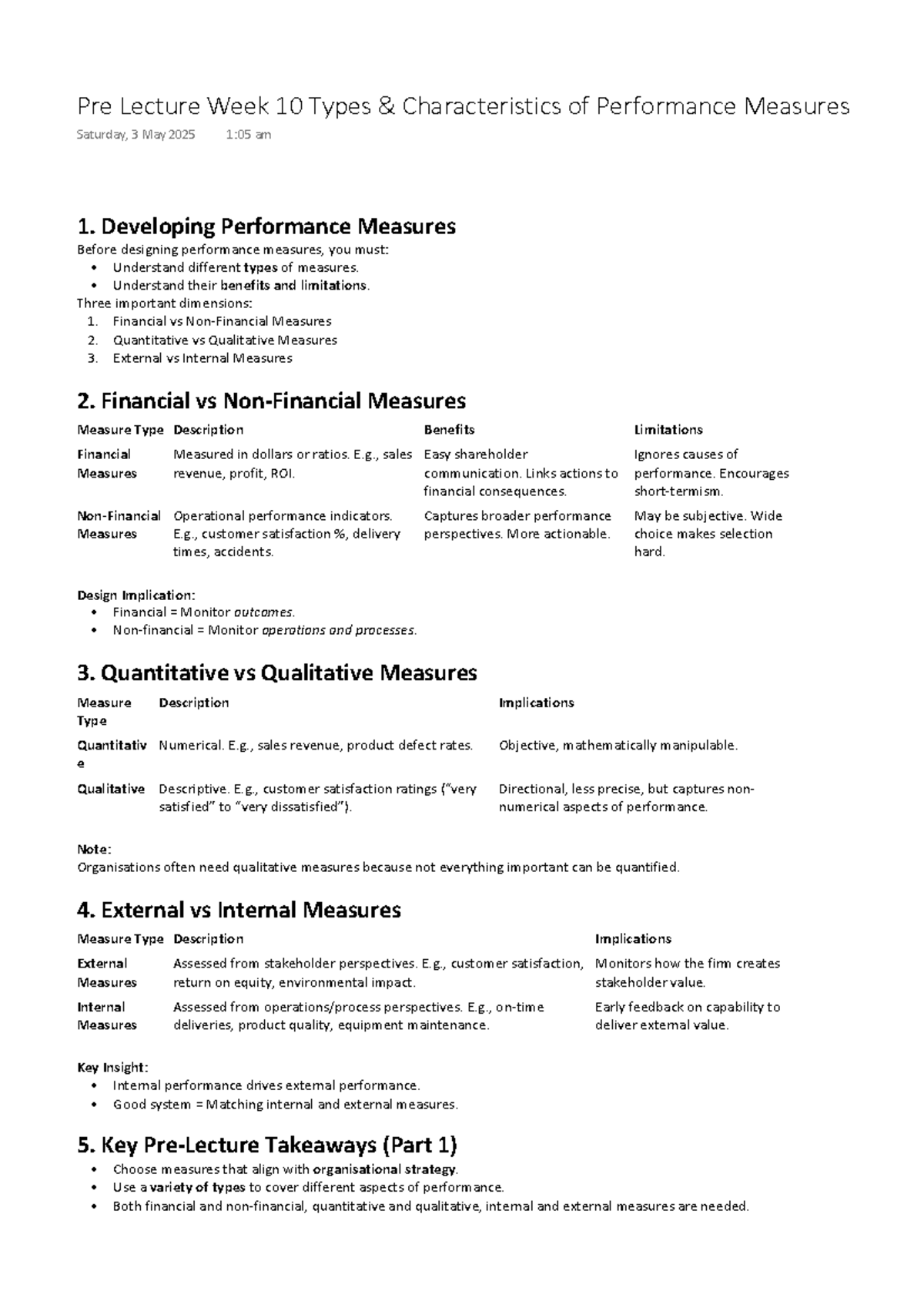 Pre Lecture W10: Types & Characteristics of Performance Measures - Studocu