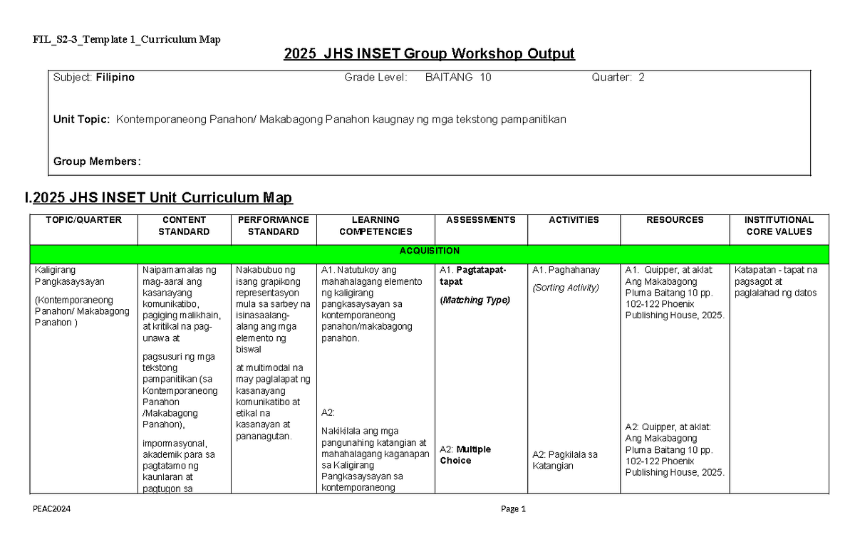 Curriculum Map for Filipino Grade 10 - Kontemporaneong Panahon - Studocu