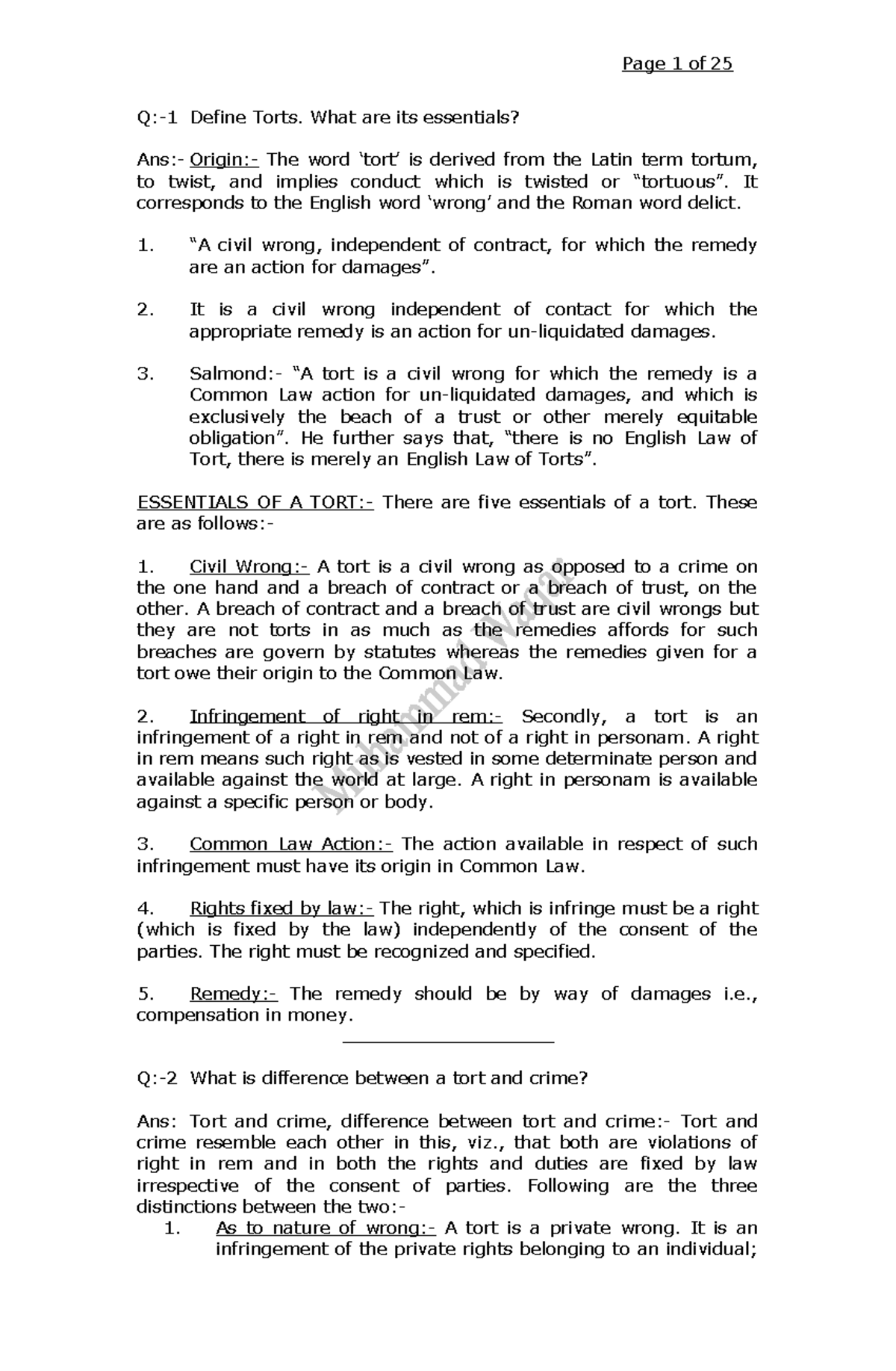 Law of Torts: Key Concepts and Legal Principles Explained - Studocu