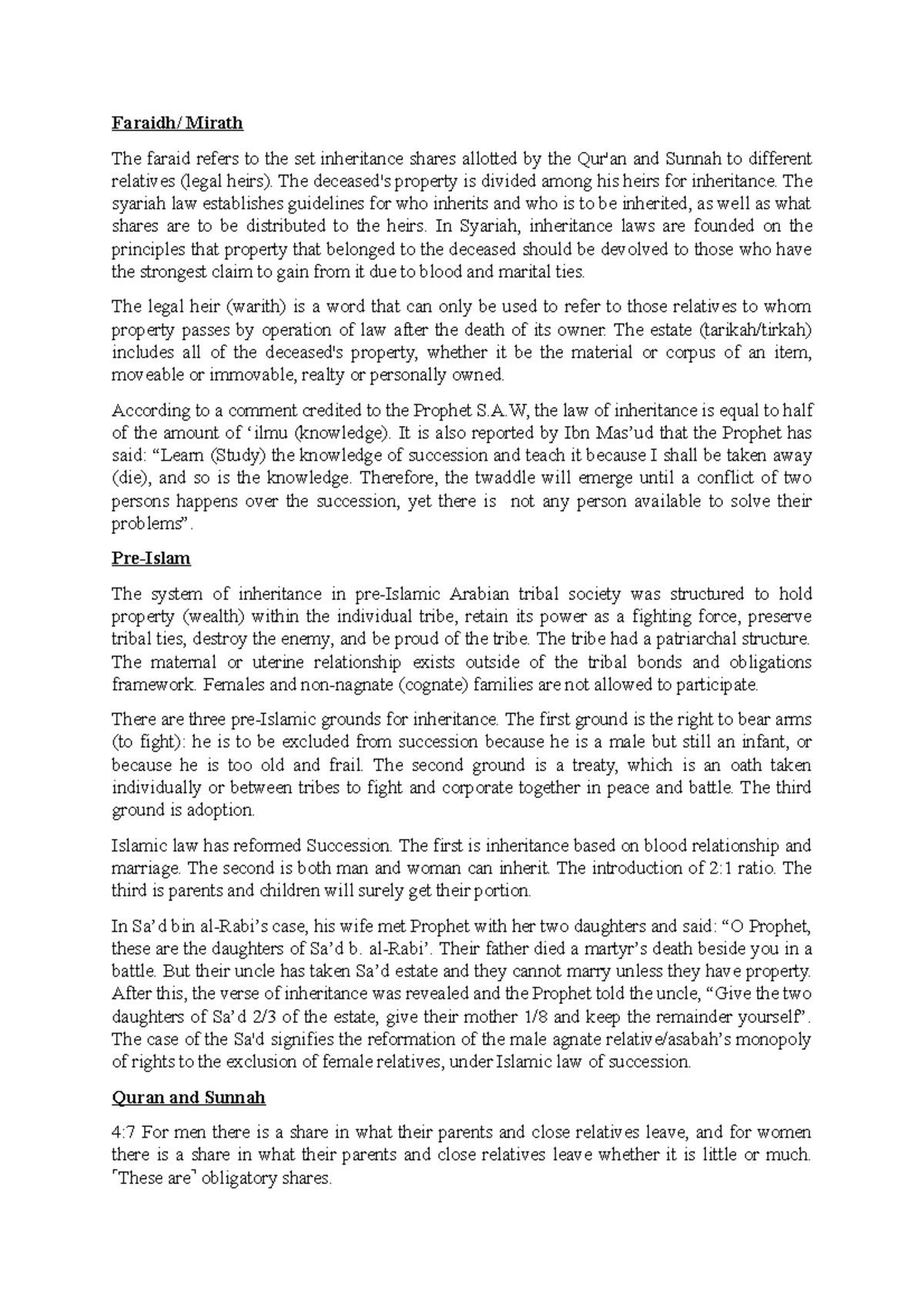 Faraidh Notes: Comprehensive Overview of Inheritance in Islam - Studocu