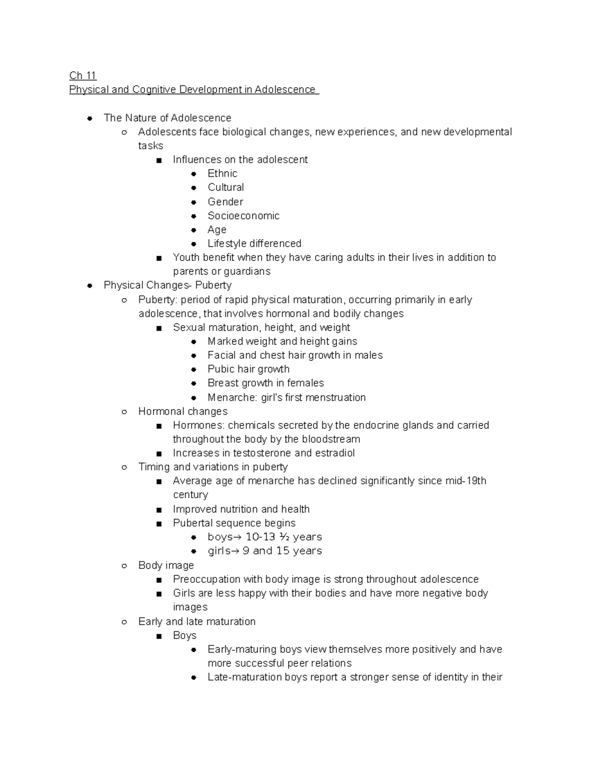 Chapter 11: Physical & Cognitive Development in Adolescence Notes - Studocu