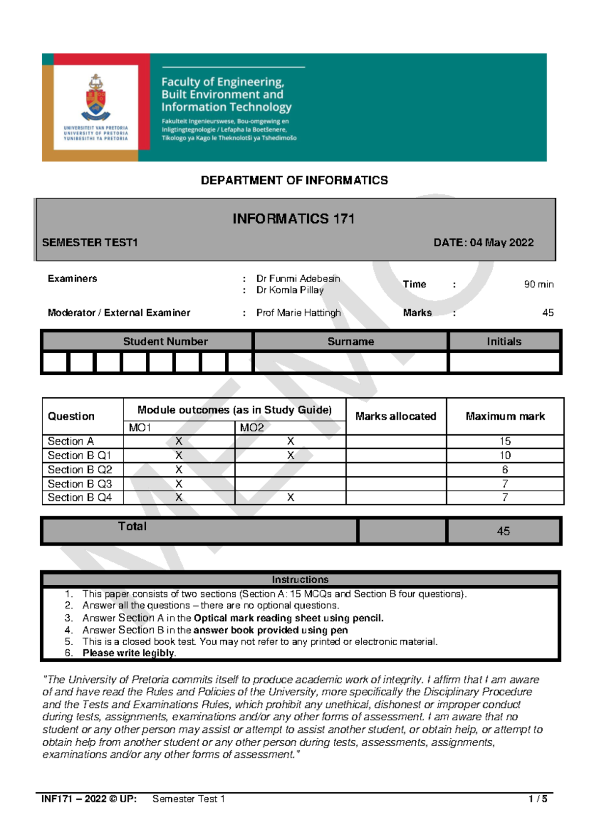 INF171 2022 Semester Test 1 Memo with Detailed Solutions - Studocu