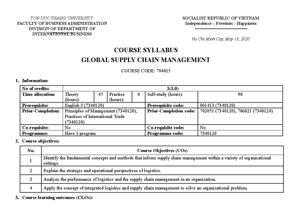 Đề cương 704015 - Global Supply Chain Management Course Syllabus - Studocu