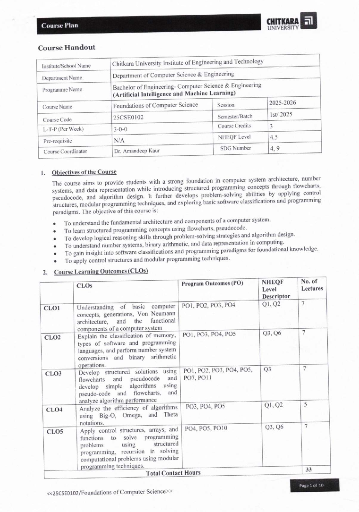 Foundations of Computer Science Course Plan - 25CSE0102 - Studocu