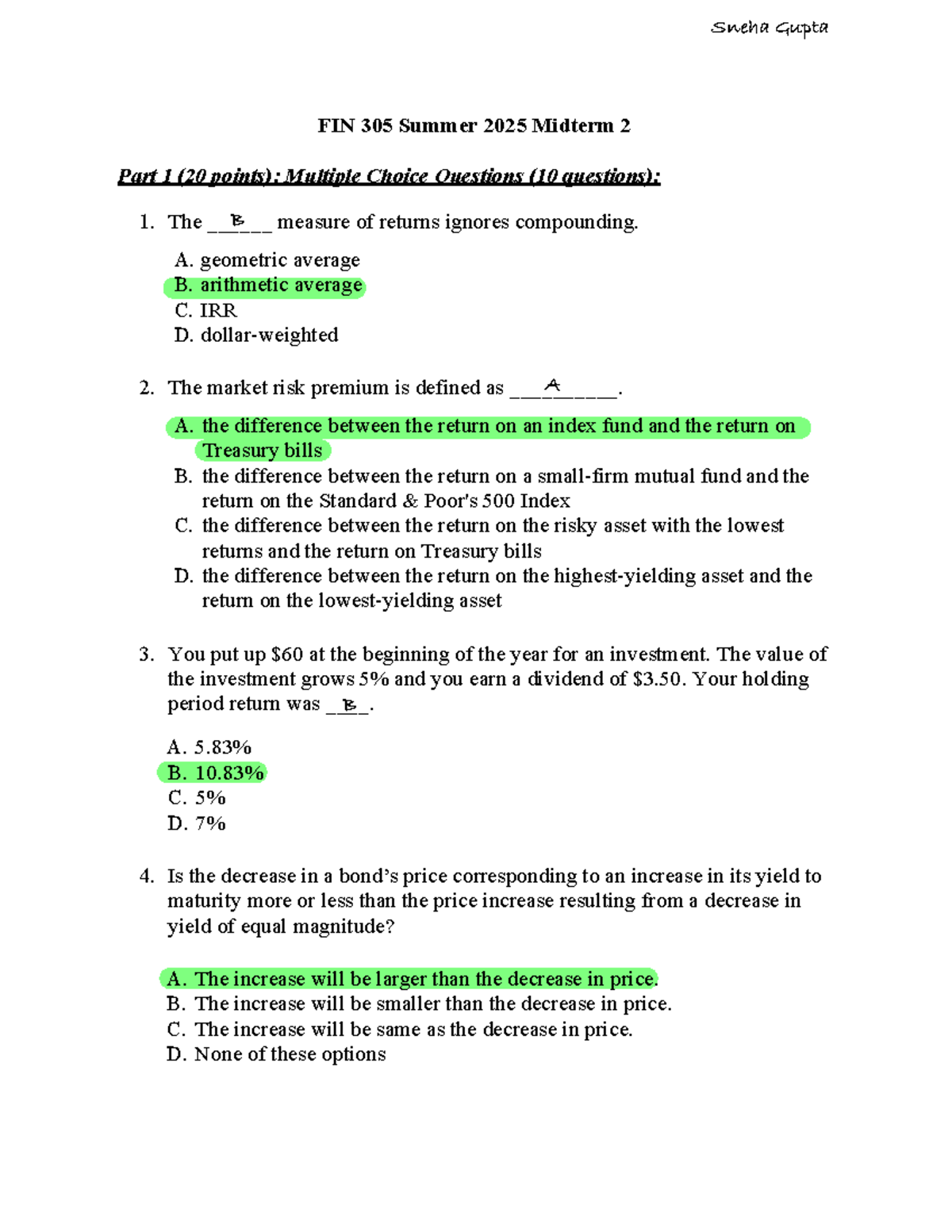 FIN 305 Summer 2025 Midterm 2: Multiple Choice & Calculation Questions ...