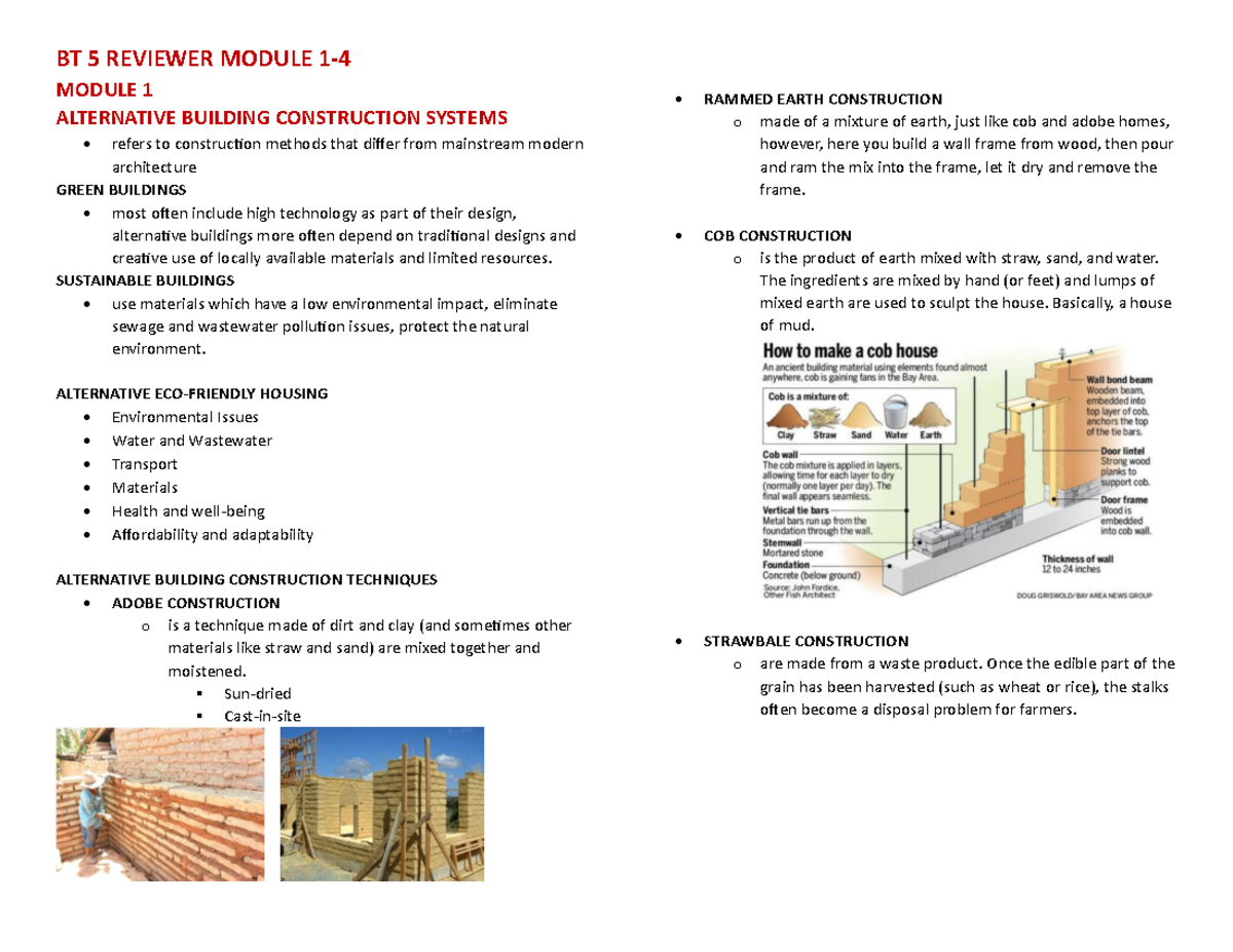 BT 5 REVIEWER MODULE 1: Alternative Building Construction Systems - Studocu