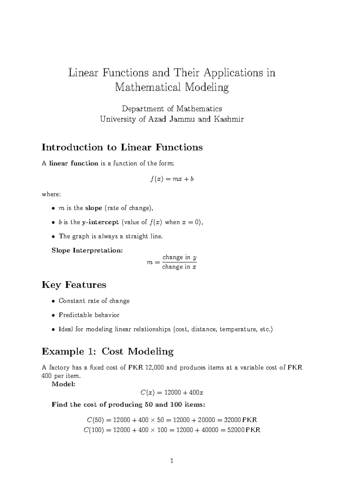 Linear Functions & Applications in Math Modeling (MATH 101) - Studocu