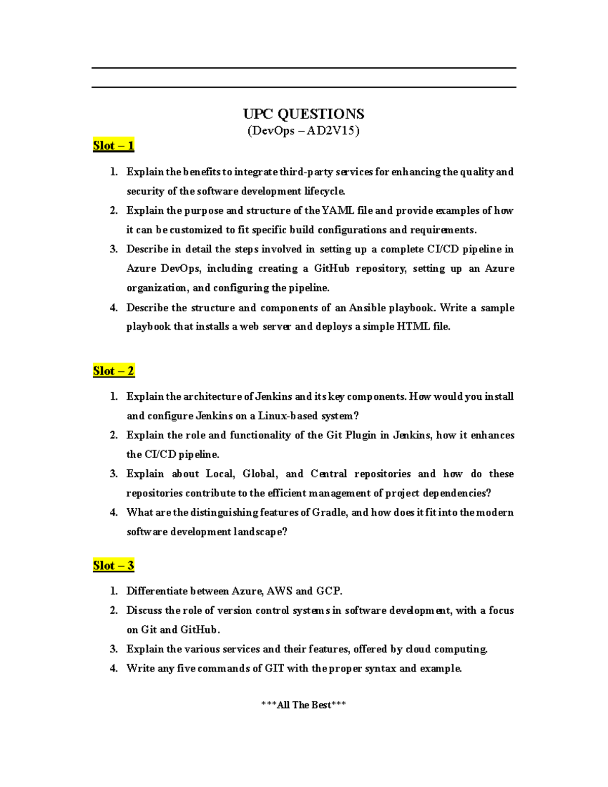 UPC Slot Questions - Dev Ops - UPC QUESTIONS (DevOps – AD2V15) Slot – 1 ...