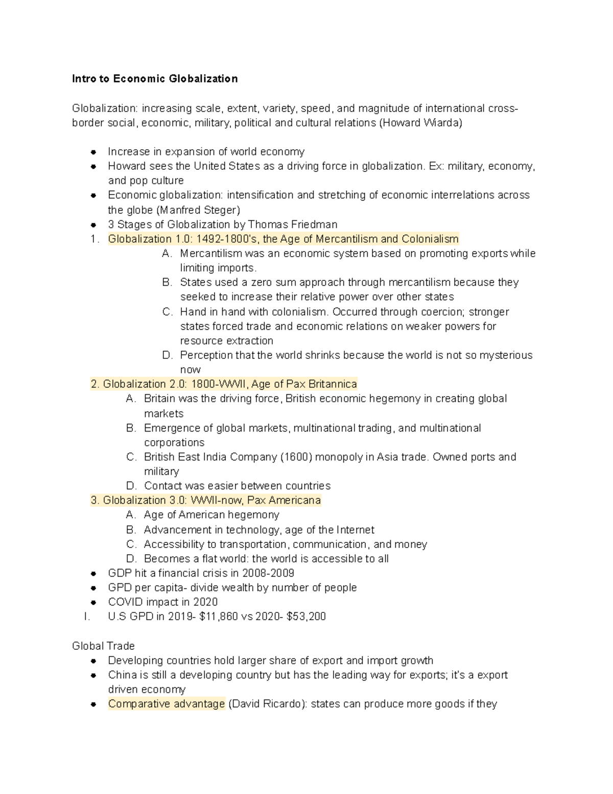 Week 6, 7, 8 Lectures and Readings - Intro to Economic Globalization ...