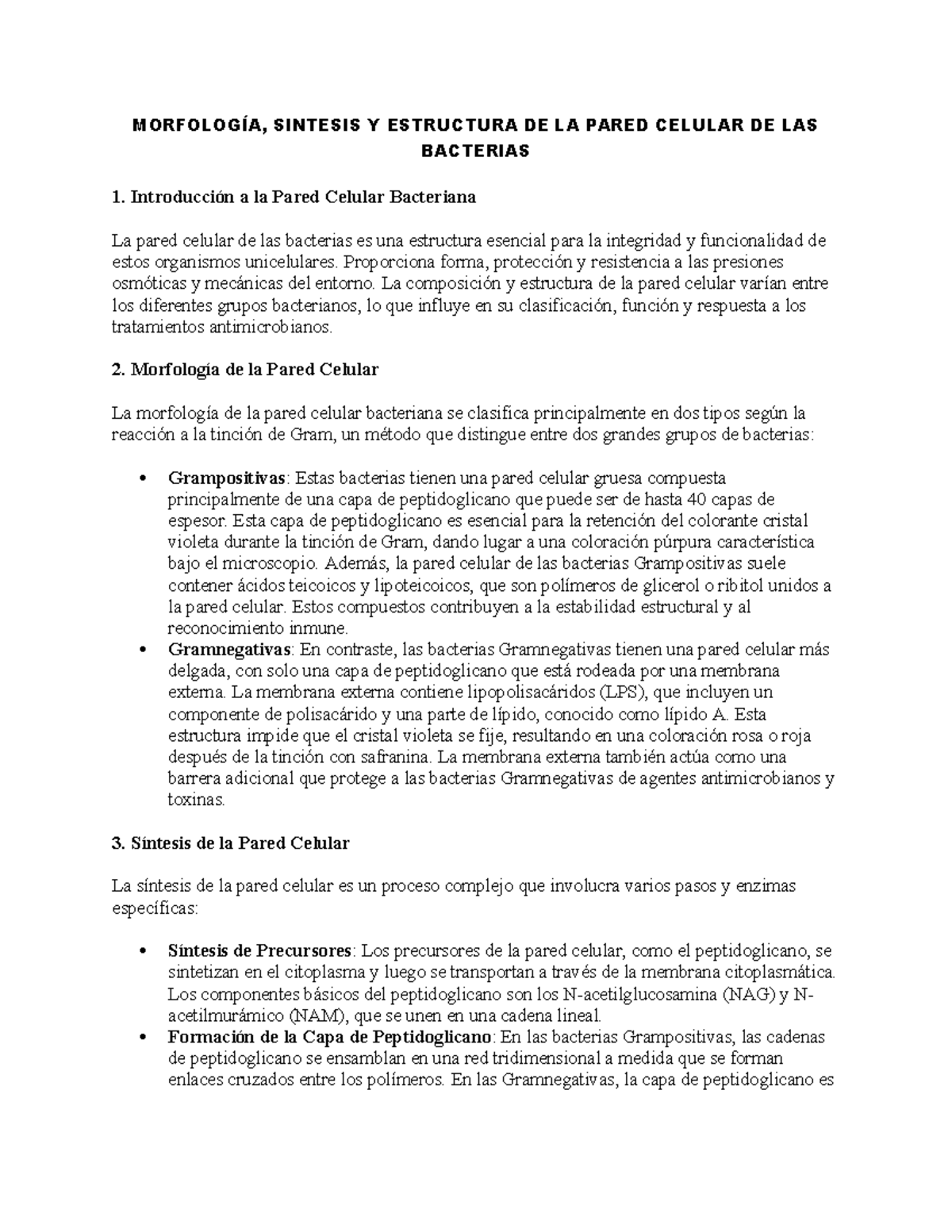 Morfología, Síntesis y Estructura de la Pared Celular Bacteriana - Studocu