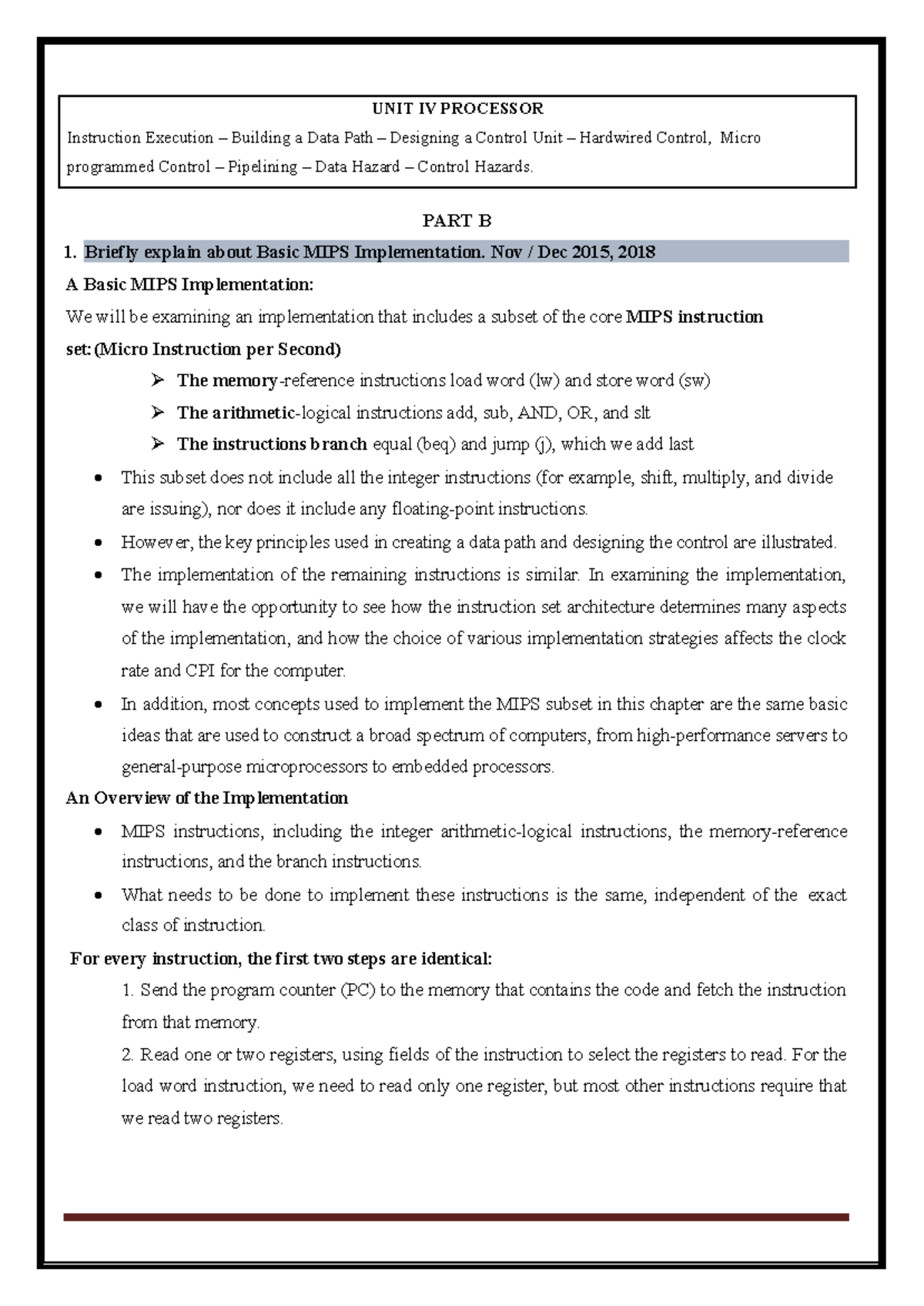 UNIT 4 - MIPS Processor Implementation Notes for CS-101 - Studocu