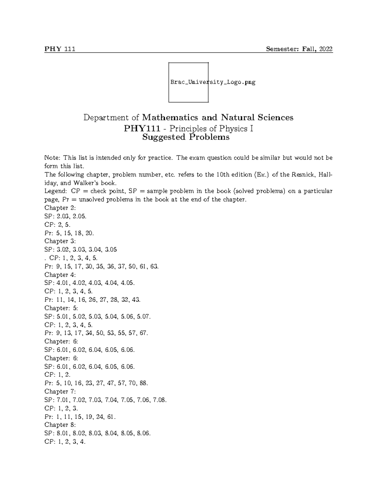 Suggested Problems for PHY 101 - Fall 2022 - Studocu