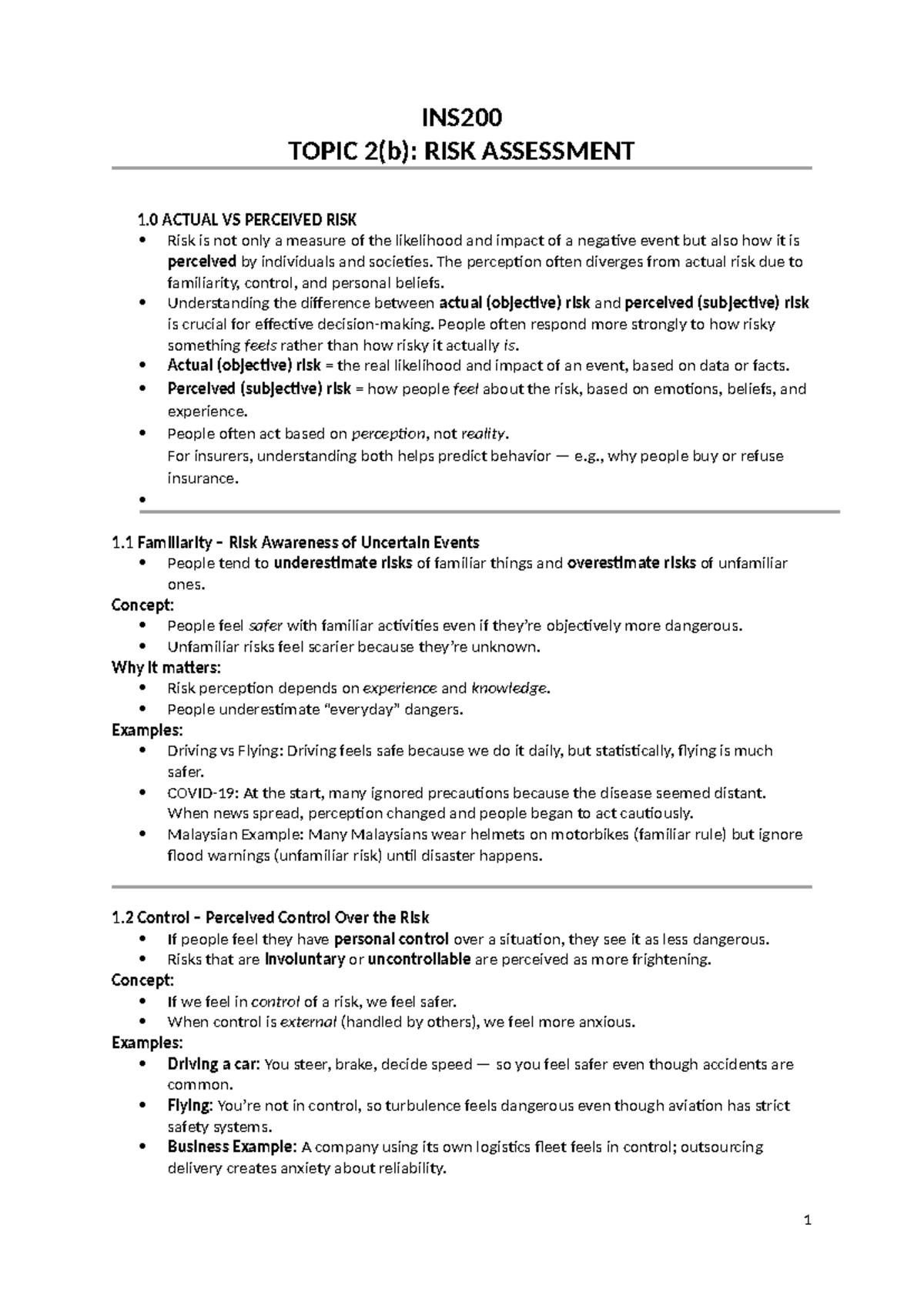 INS200 - Chapter 2(b): Risk Assessment - Actual vs Perceived Risk - Studocu