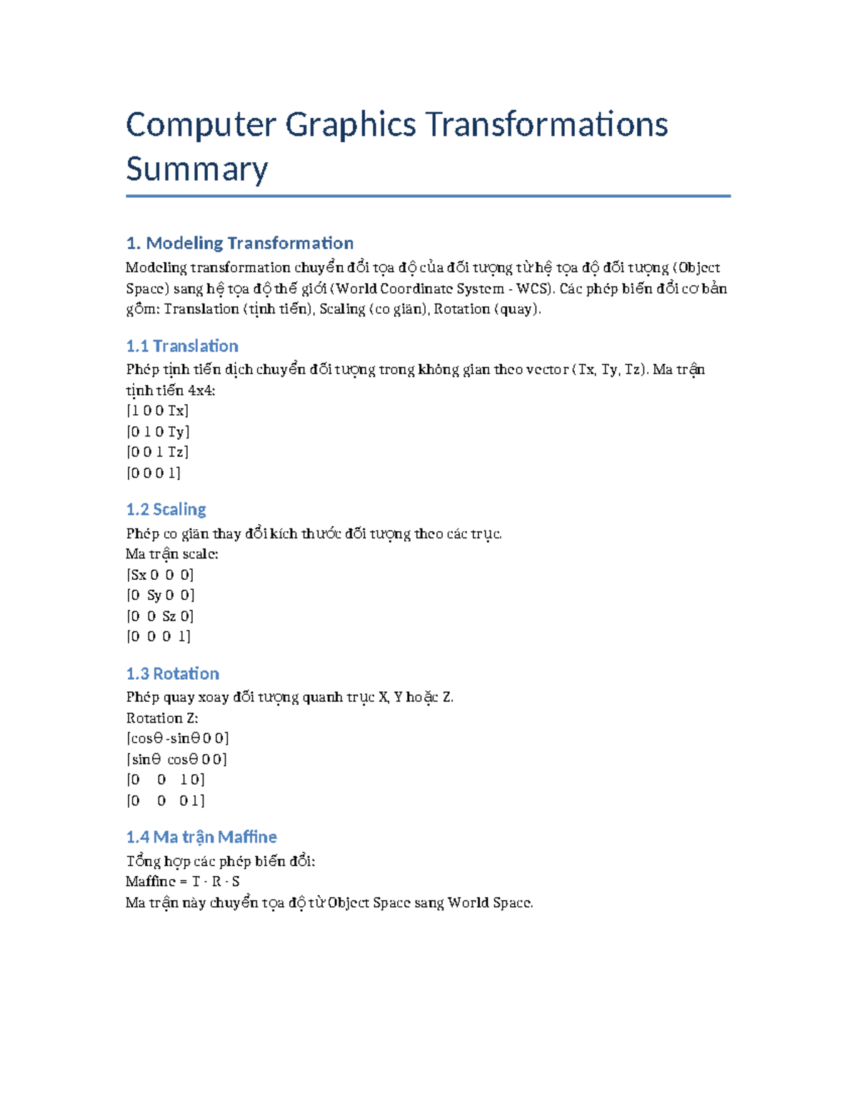 Computer Graphics Transformations Summary (CS101) - Studocu