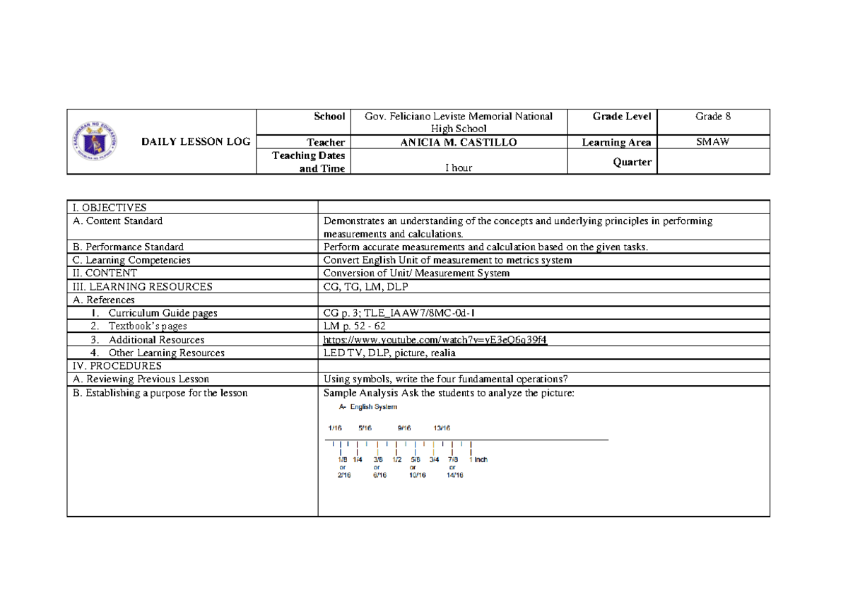 Grade 8 SMAW Lesson Log: Unit Conversion in Measurement Systems - Studocu