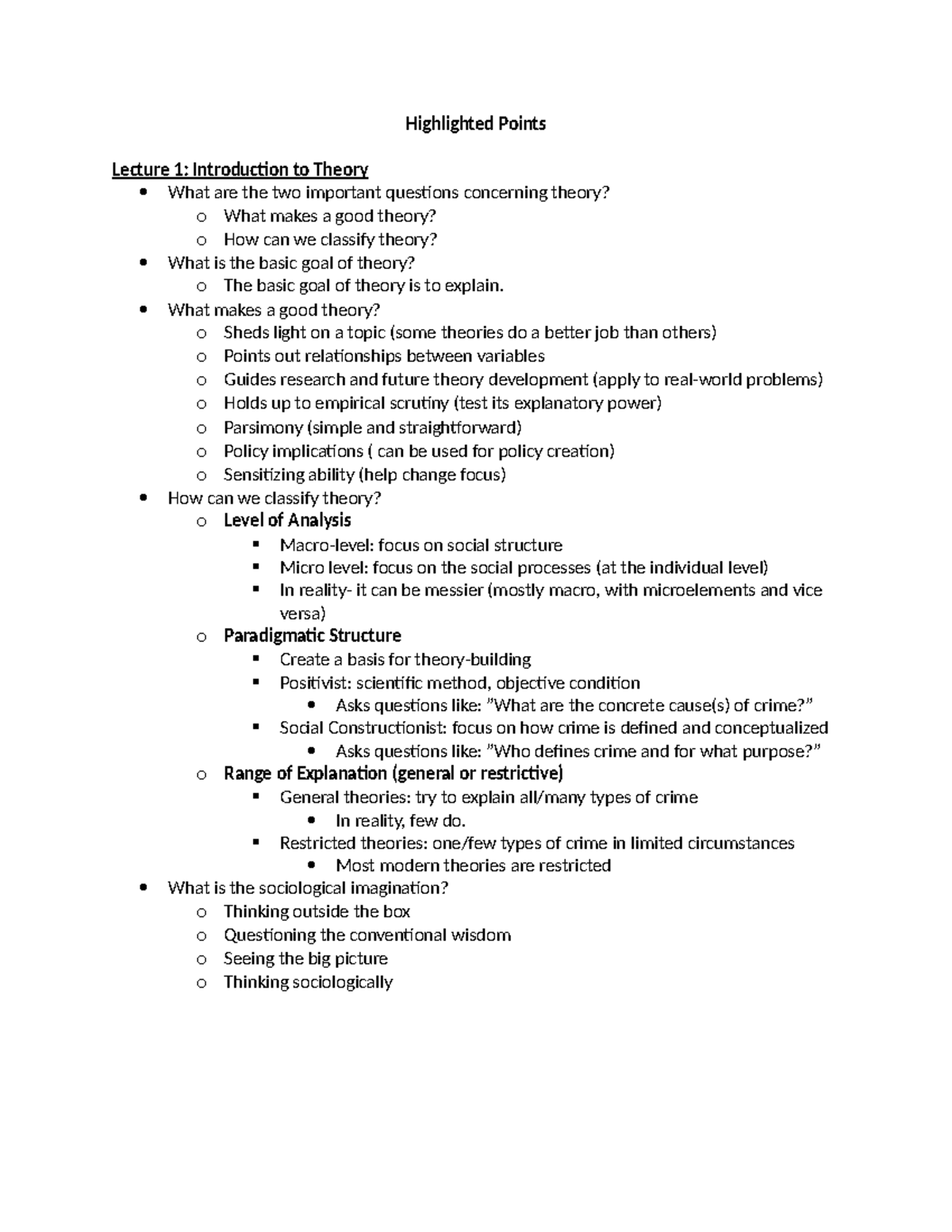Highlighted Points: Lecture 1-4 on Criminological Theories - Studocu