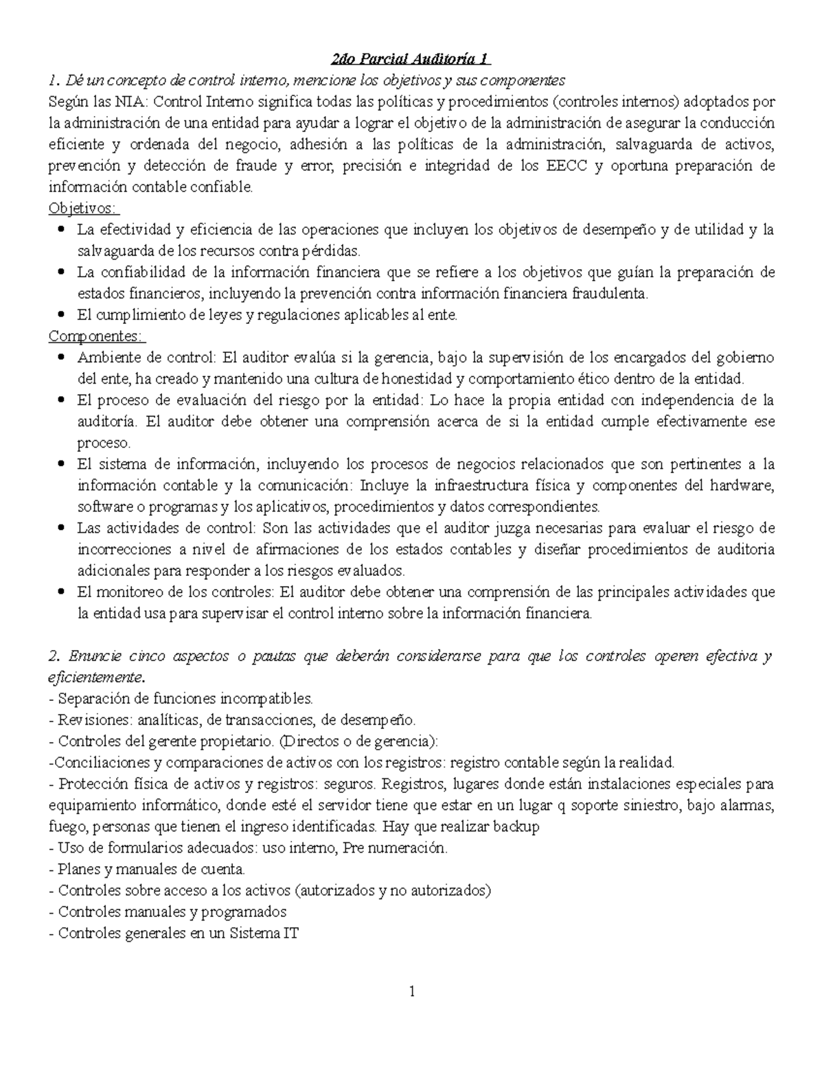2do Parcial Auditoría 1: Control Interno y Métodos de Evaluación - Studocu
