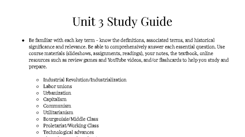 Unit 3 Study Guide: Key Terms & Essential Questions on Industrial Rev ...