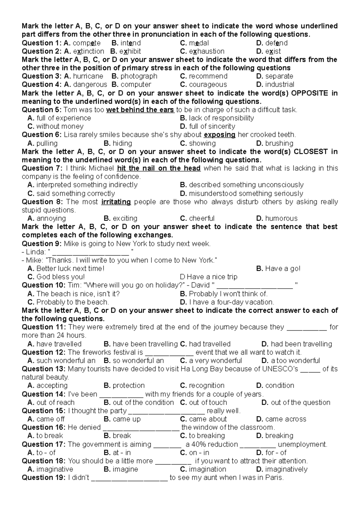 3 - 11111111 - Mark the letter A, B, C, or D on your answer sheet to ...