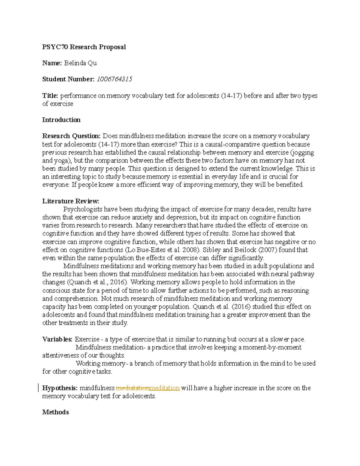 PSYC70 Research Proposal: Effects of Mindfulness and Exercise on ...