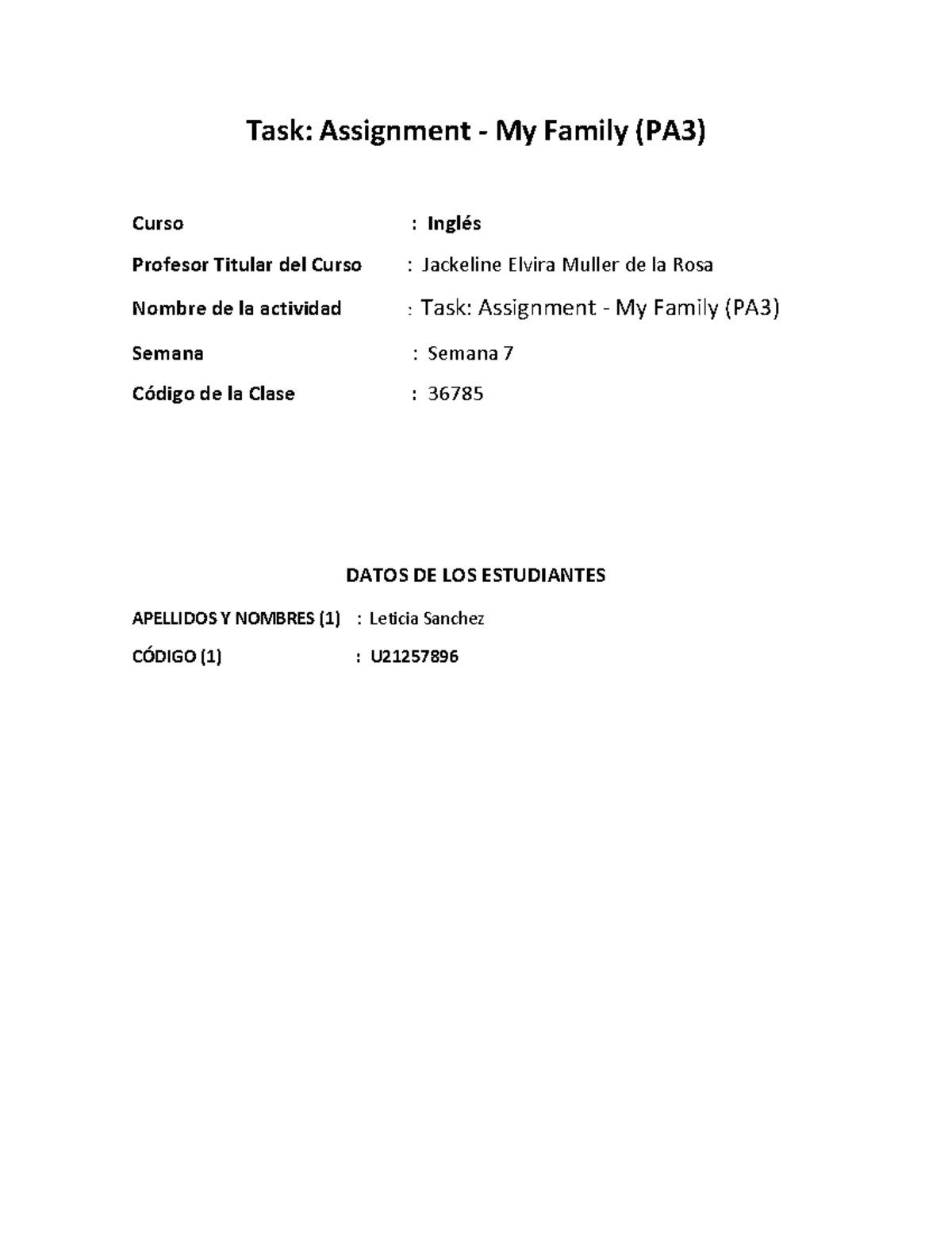 Task: My Family Assignment (PA3) - Week 7 - Class Code 36785 - Studocu
